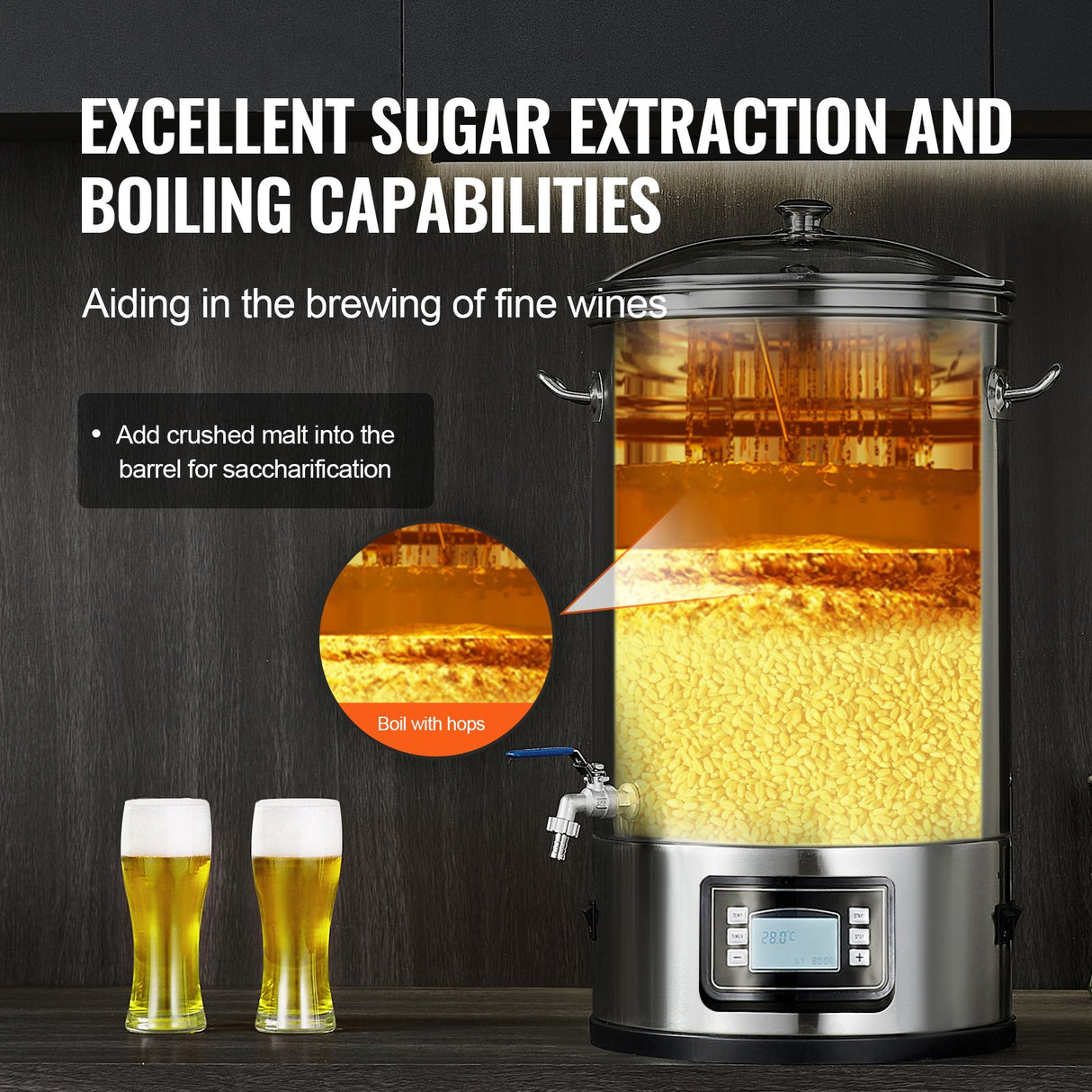 Electric Brewing System, 8 GALLON Brewing Stock Pot, All-in-One Home Beer Brewer, 304 Stainless Steel Brewing Supplies with Panel, Includes Glass Lid, Handle, Spigot, Electronic Panel Control