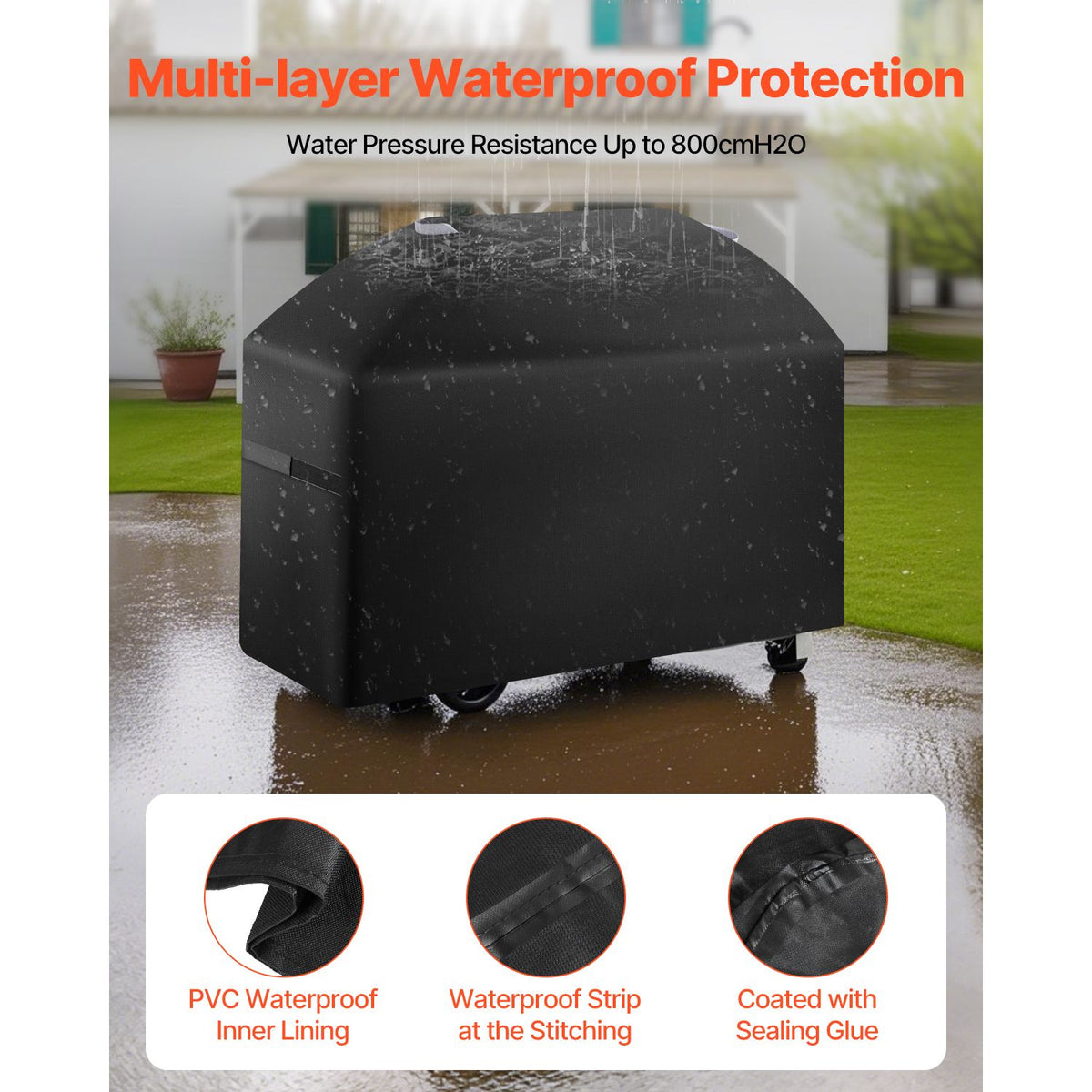 Grill Cover, 63 inch BBQ Covers for Outdoor Grills, Waterproof, Fade Resistant, Weather Resistant Heavy Duty 600D Polyester, Easy On/Off, with Hook-and-Loop Straps, Black