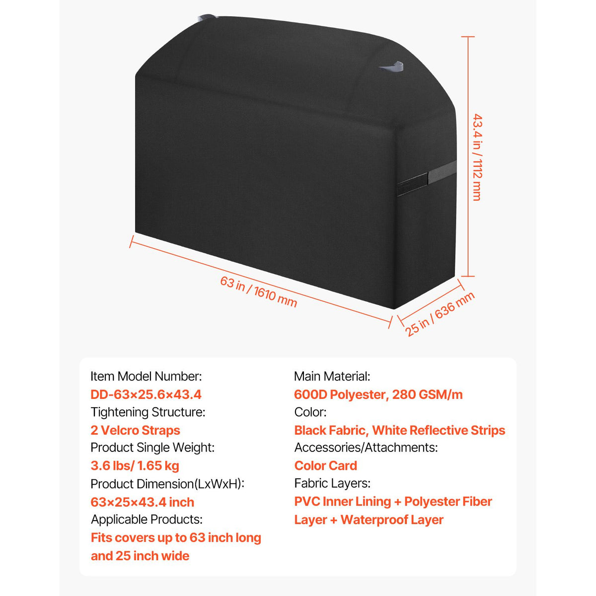 Grill Cover, 63 inch BBQ Covers for Outdoor Grills, Waterproof, Fade Resistant, Weather Resistant Heavy Duty 600D Polyester, Easy On/Off, with Hook-and-Loop Straps, Black
