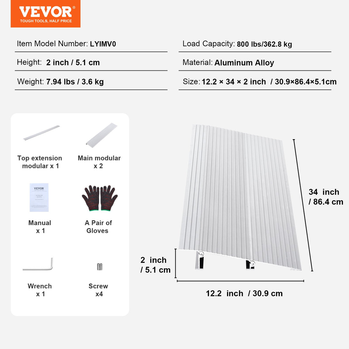 Door Threshold Ramp, 2" Rise, 800 lbs Load Capacity, Door Ramp for Wheelchairs, Aluminum Threshold Ramp for Doorways, Adjustable Modular Threshold Ramp for Wheelchairs, Scooters, Power Chairs