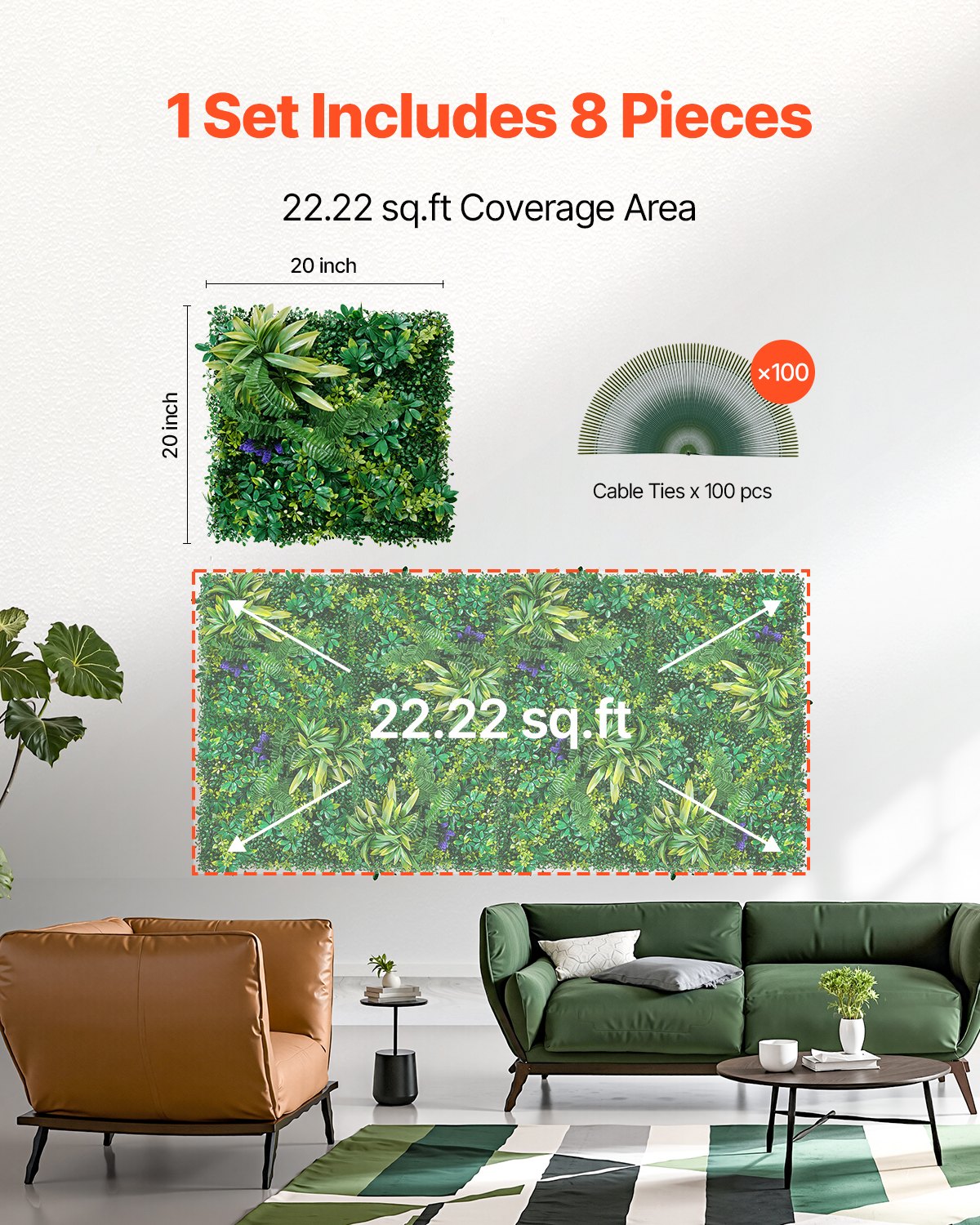 VEVOR Artificial Grass Wall Panels, 8 PCS 20 x 20 inch, 3D Combination Greenery Boxwood Panel for Indoor Outdoor Green Decor & Ivy Fence Covering, Privacy Backdrop Wall Hedge Screen for Garden