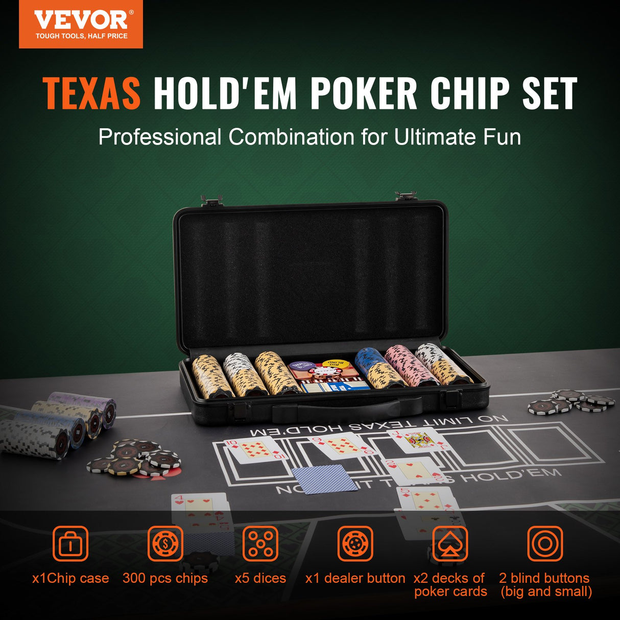 VEVOR Poker Chip Set, 300-Piece Poker Set, Complete Poker Playing Game Set with Carrying Case, Heavyweight 14 Gram Casino Clay Chips, Cards, Buttons