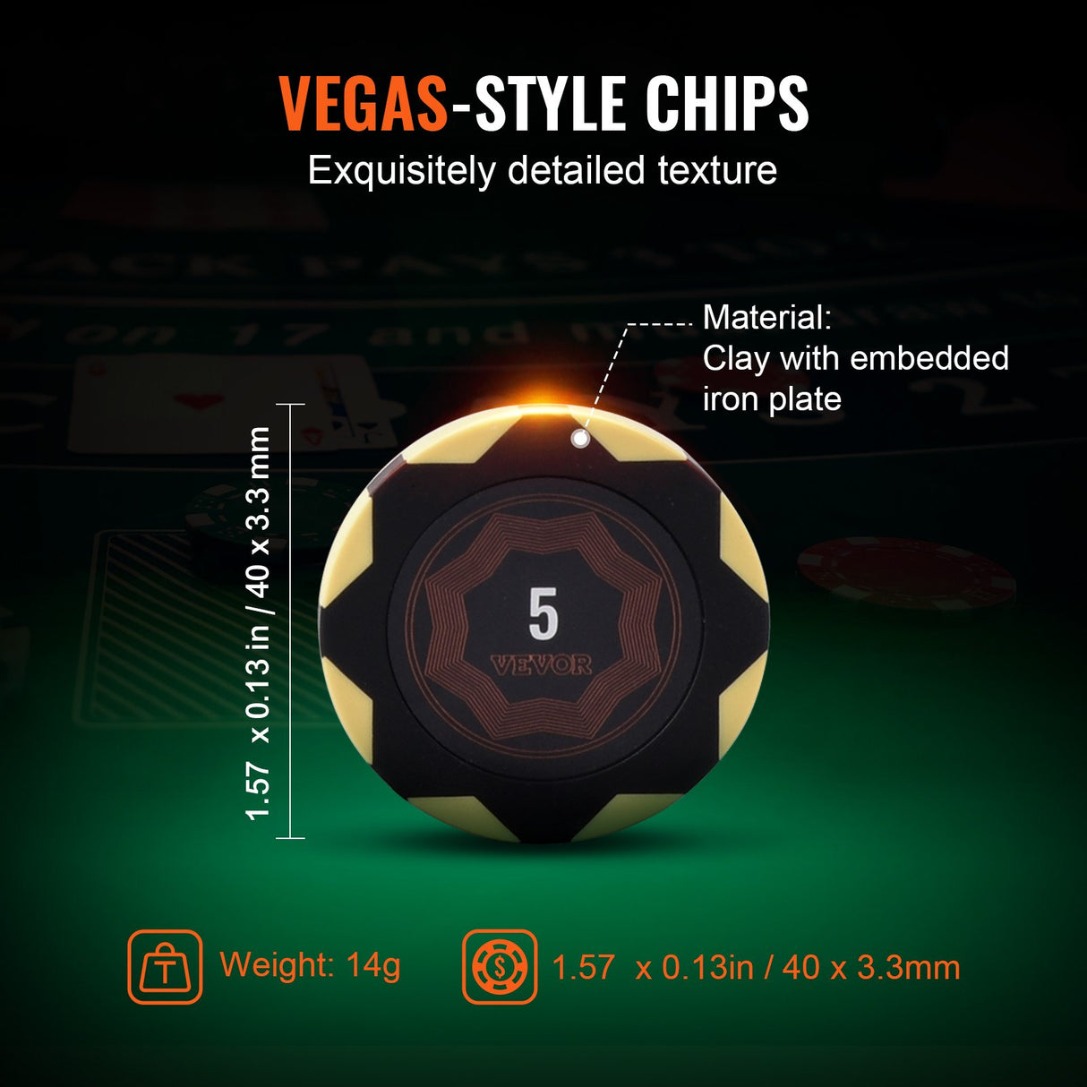 VEVOR Poker Chip Set, 300-Piece Poker Set, Complete Poker Playing Game Set with Carrying Case, Heavyweight 14 Gram Casino Clay Chips, Cards, Buttons