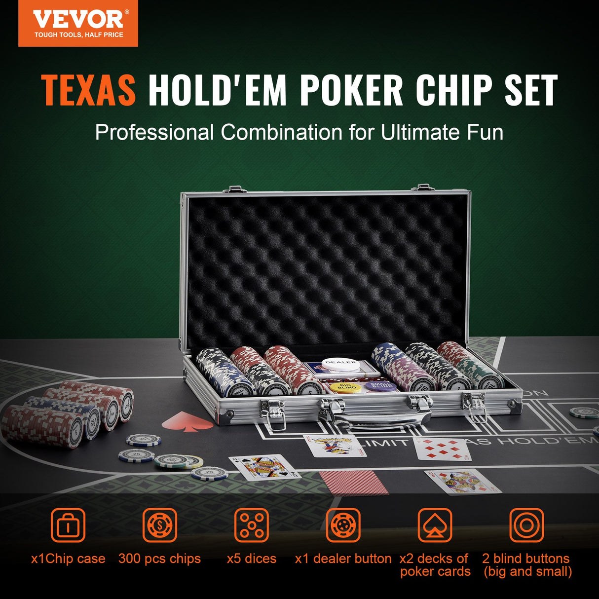 VEVOR Poker Chip Set, 300-Piece Poker Set, Complete Poker Playing Game Set with Aluminum Carrying Case, 11.5 Gram Casino Chips, Cards, Buttons and Dices, for Texas Hold'em, Blackjack, Gambling
