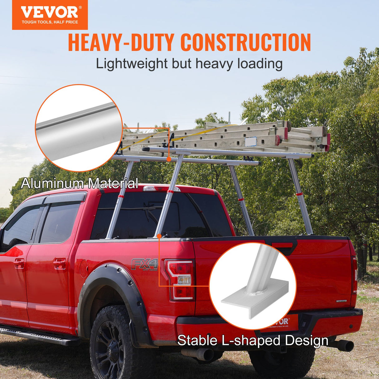 VEVOR Truck Rack, 363lbs Capacity, 19-34in Adjustable Height, Aluminum Ladder Rack for Truck with 8 Non-Drilling C-clamps, Heavy Duty Truck Bed Rack