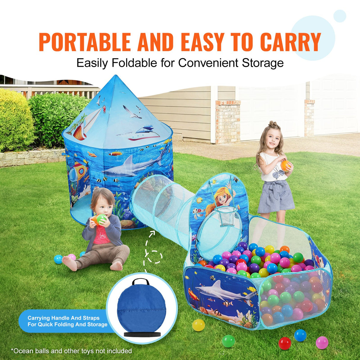 VEVOR 3 in 1 Kids Play Tent with Tunnel, Basketball Hoop for Boys, Girls, Babies and Toddlers, Indoor/Outdoor Pop Up Playhouse with Carrying Bag &