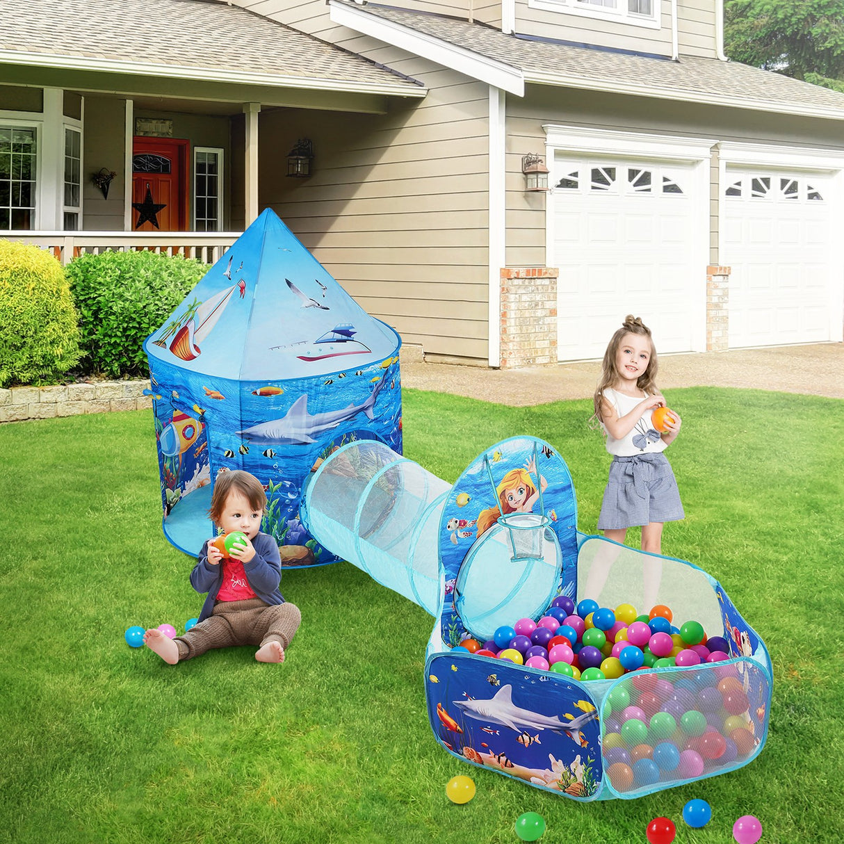 VEVOR 3 in 1 Kids Play Tent with Tunnel, Basketball Hoop for Boys, Girls, Babies and Toddlers, Indoor/Outdoor Pop Up Playhouse with Carrying Bag &