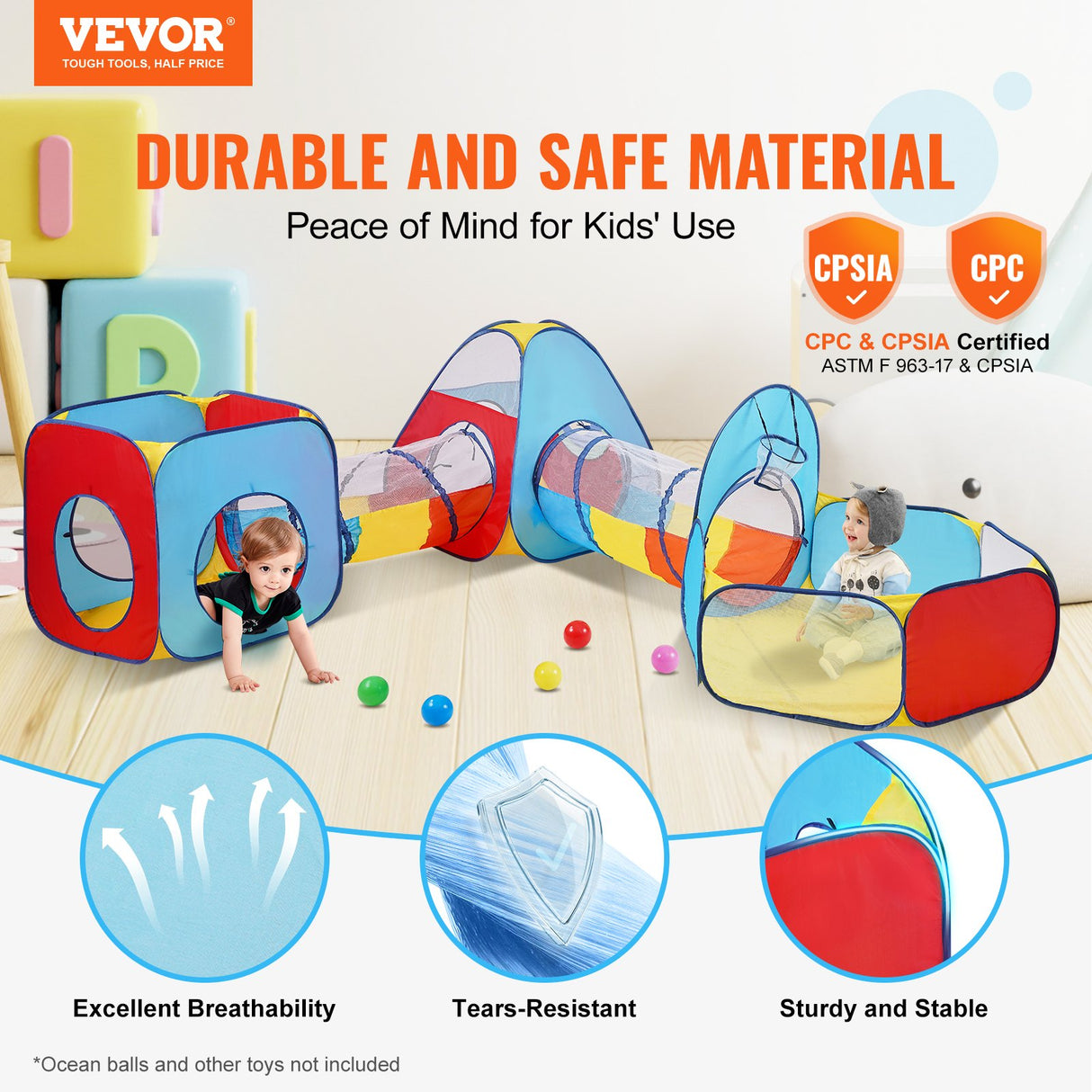 VEVOR 5 in 1 Kids Play Tent with Tunnel, Basketball Hoop for Boys, Girls, Babies and Toddlers, Indoor/Outdoor Pop Up Playhouse with Carrying Bag &
