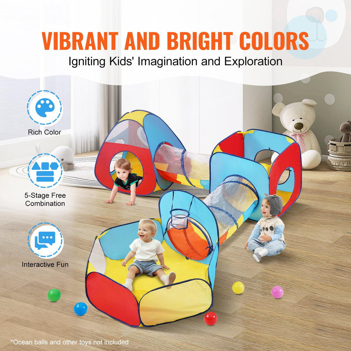 VEVOR 5 in 1 Kids Play Tent with Tunnel, Basketball Hoop for Boys, Girls, Babies and Toddlers, Indoor/Outdoor Pop Up Playhouse with Carrying Bag &
