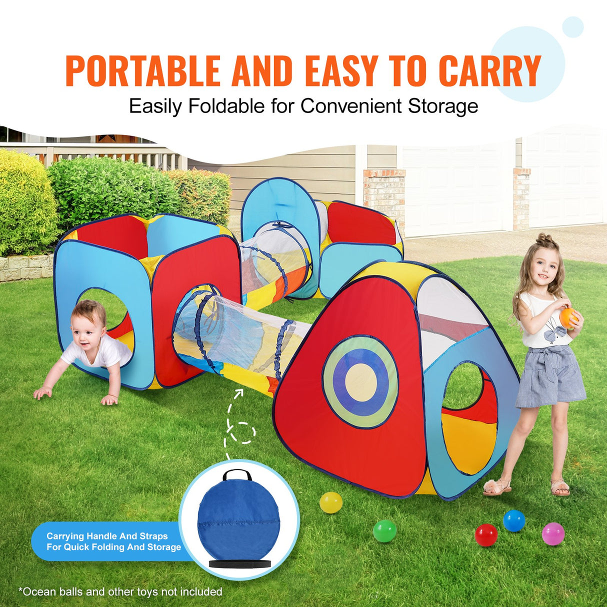 VEVOR 5 in 1 Kids Play Tent with Tunnel, Basketball Hoop for Boys, Girls, Babies and Toddlers, Indoor/Outdoor Pop Up Playhouse with Carrying Bag &