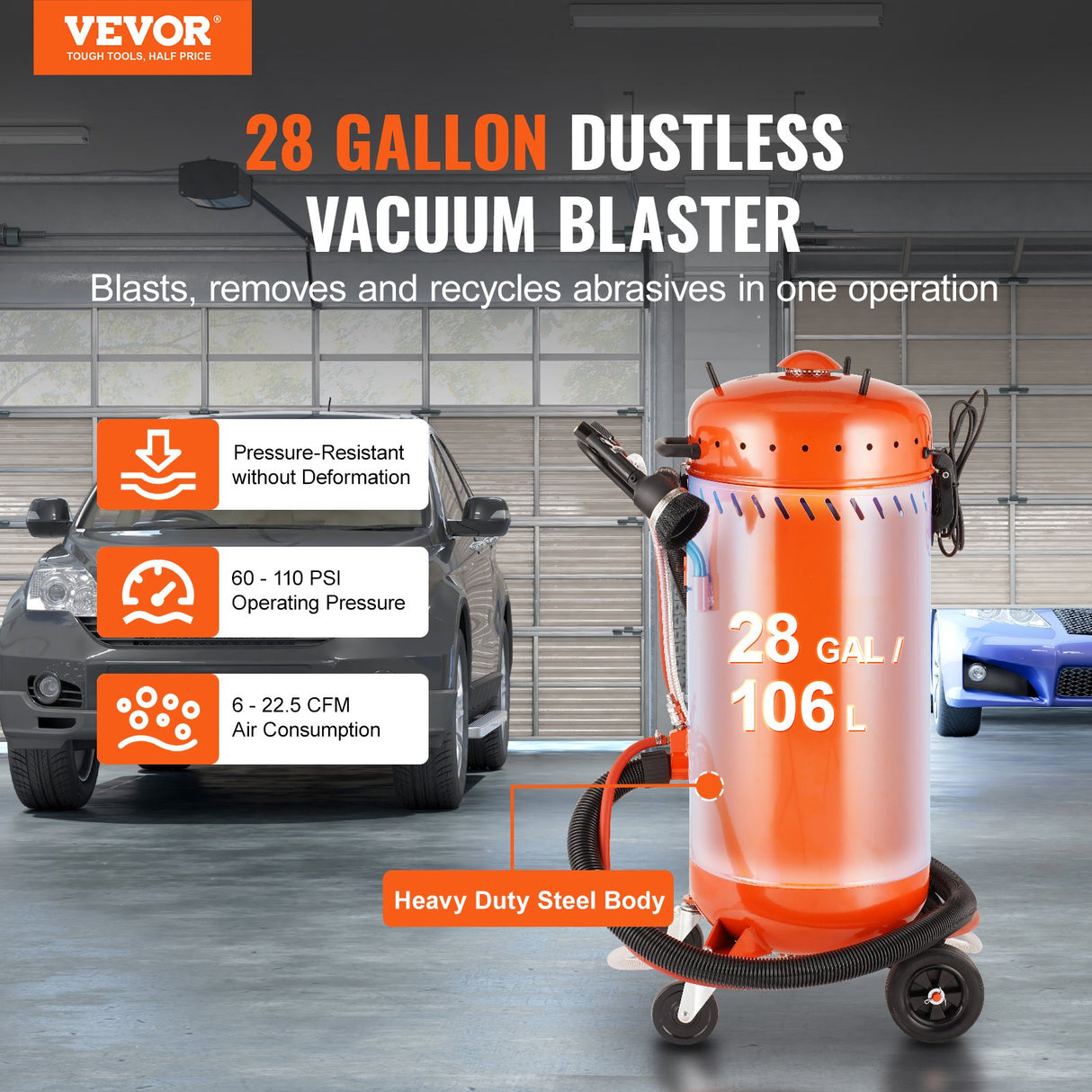 VEVOR 28 Gallon Vacuum Sand Blaster, Dustless Sandblaster with Built-in 1200W Vacuum System for Dust Control and Abrasive Recycle, 60-110 PSI Heavy