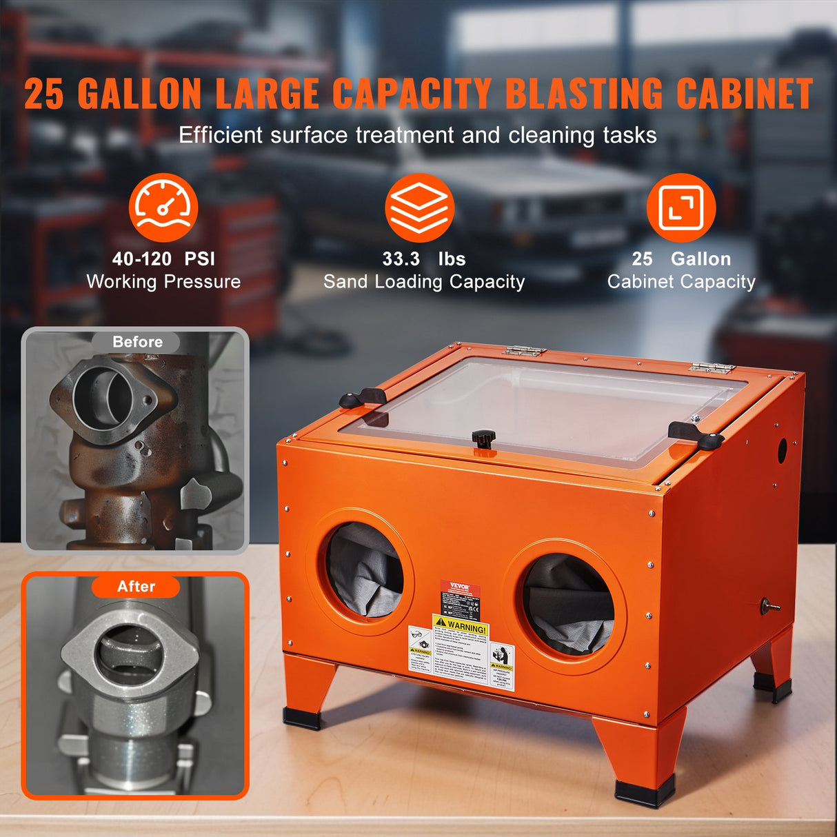 VEVOR 25 Gallon Sandblasting Cabinet, 40-120PSI Portable Benchtop Sand Blasting Cabinet, Heavy Duty Steel Sand Blaster with Blasting Gun & 4 Ceramic