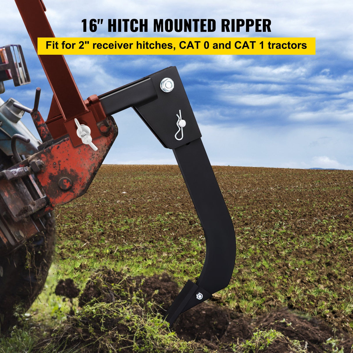 VEVOR Hitch Mounted Ripper, 40.6cm Shank Length Box Scraper Shank, 4 Hole Site Box Blade for Tractor, 2 Locating Pins Ripper Shank, 2 Plough Tips Box Blade Shank Teeth