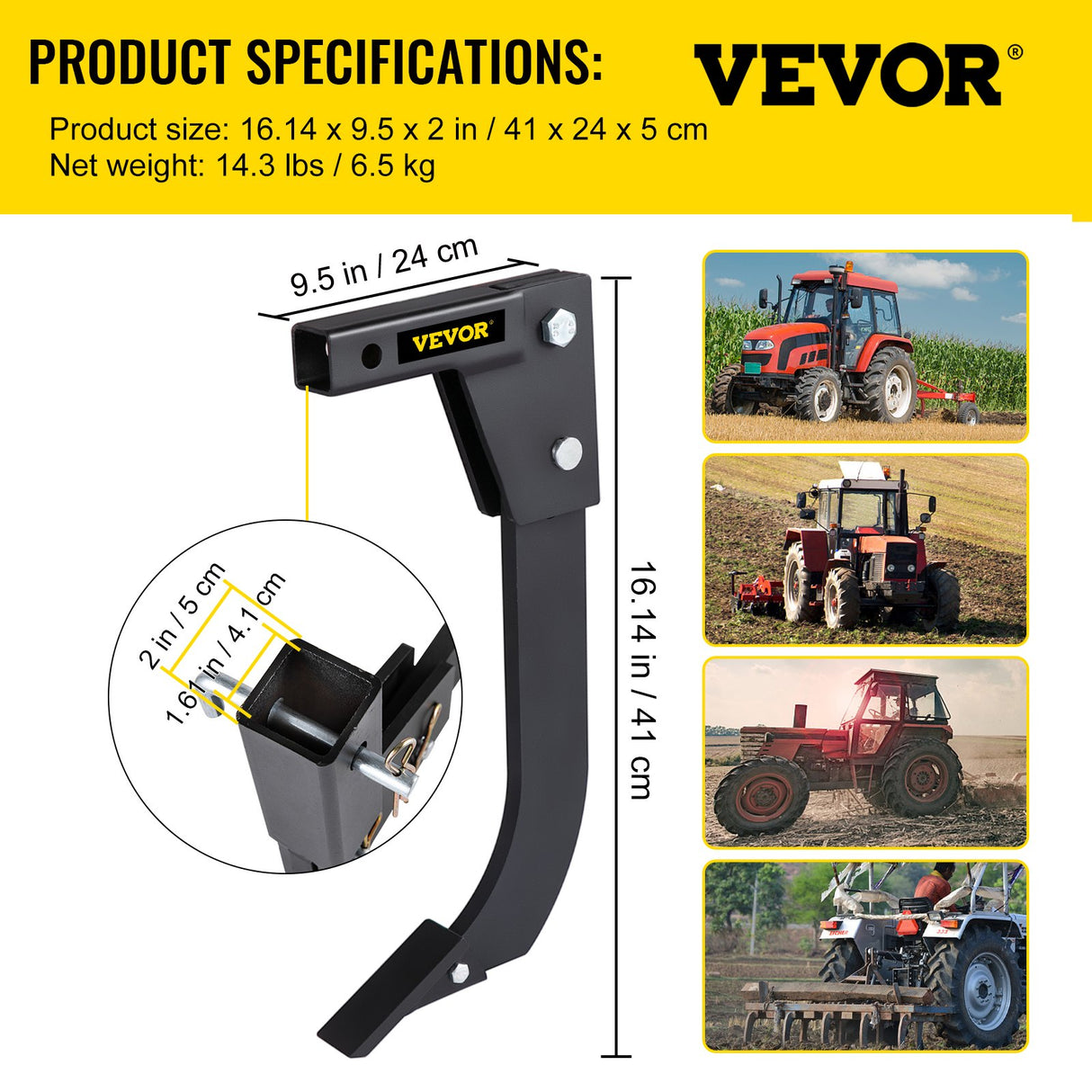 VEVOR Hitch Mounted Ripper, 40.6cm Shank Length Box Scraper Shank, 4 Hole Site Box Blade for Tractor, 2 Locating Pins Ripper Shank, 2 Plough Tips Box Blade Shank Teeth