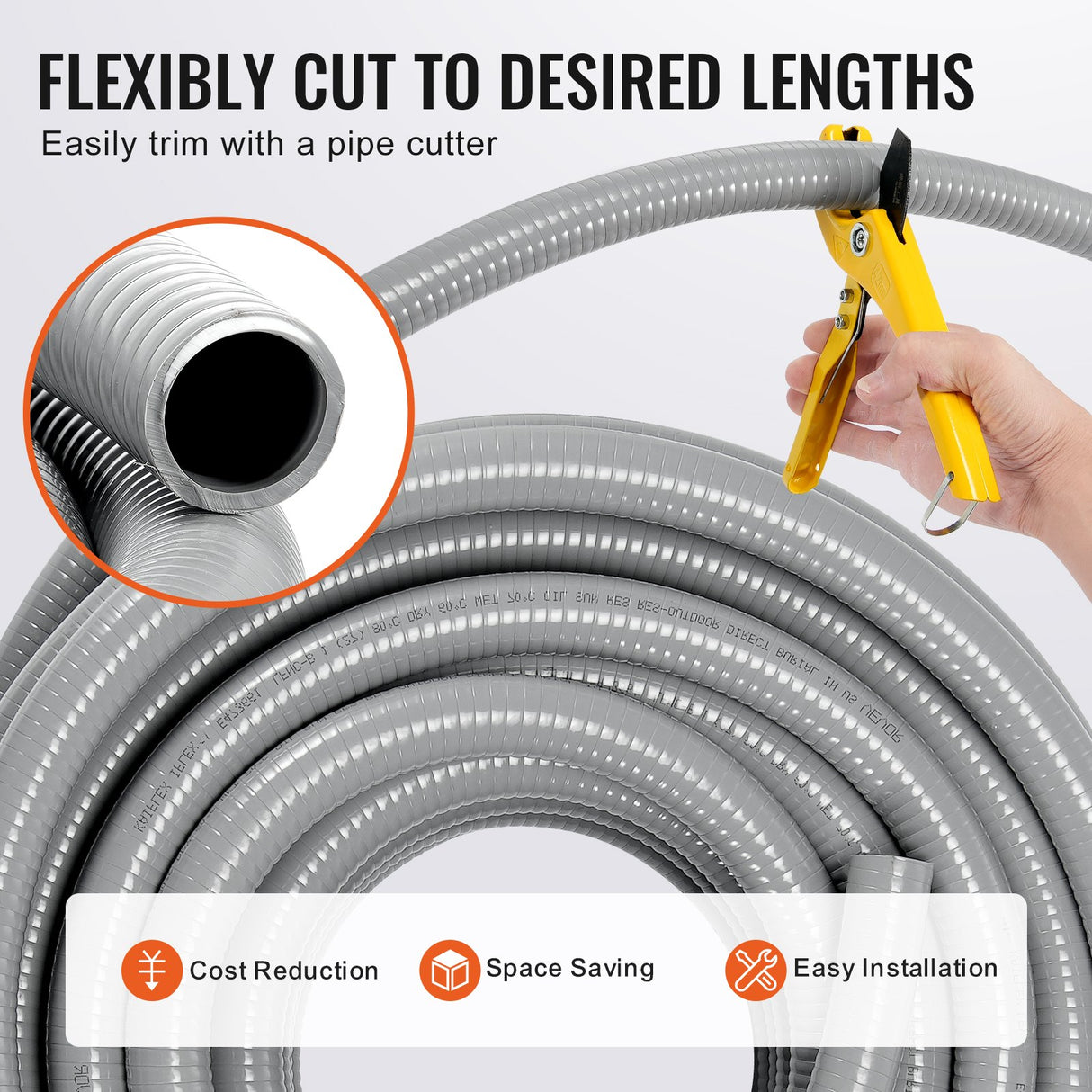 VEVOR 12.7 mm Flexible Electrical Conduit, 30.5 m, PVC Liquid-Tight Conduit Non-Metallic with 5 Straight and 5 90-Degree Conduit Connector Fittings,