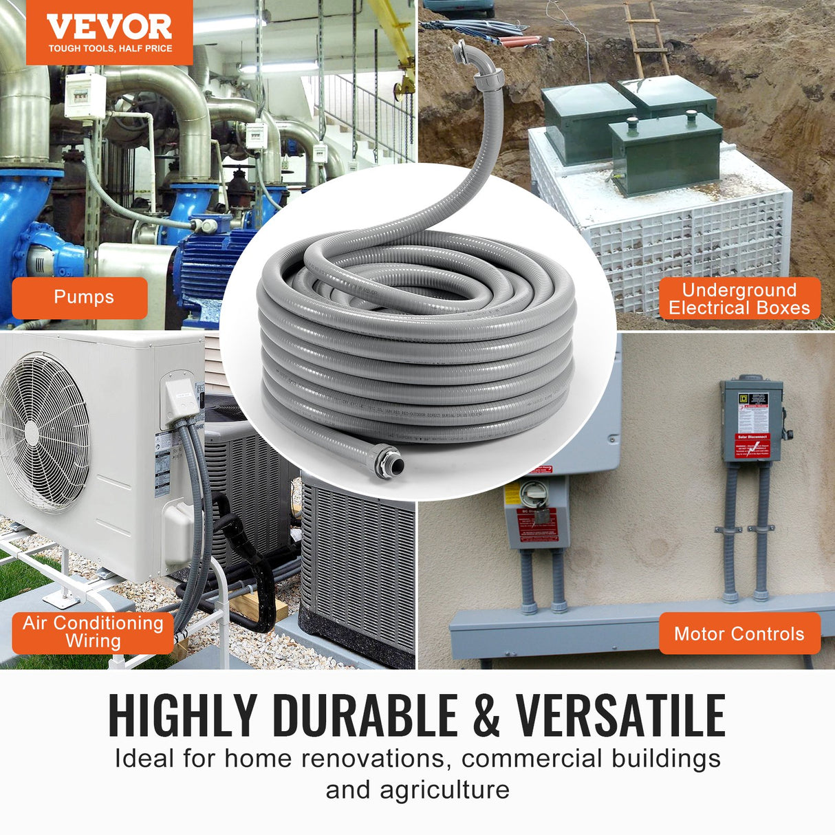 VEVOR 12.7 mm Flexible Electrical Conduit, 30.5 m, PVC Liquid-Tight Conduit Non-Metallic with 5 Straight and 5 90-Degree Conduit Connector Fittings,