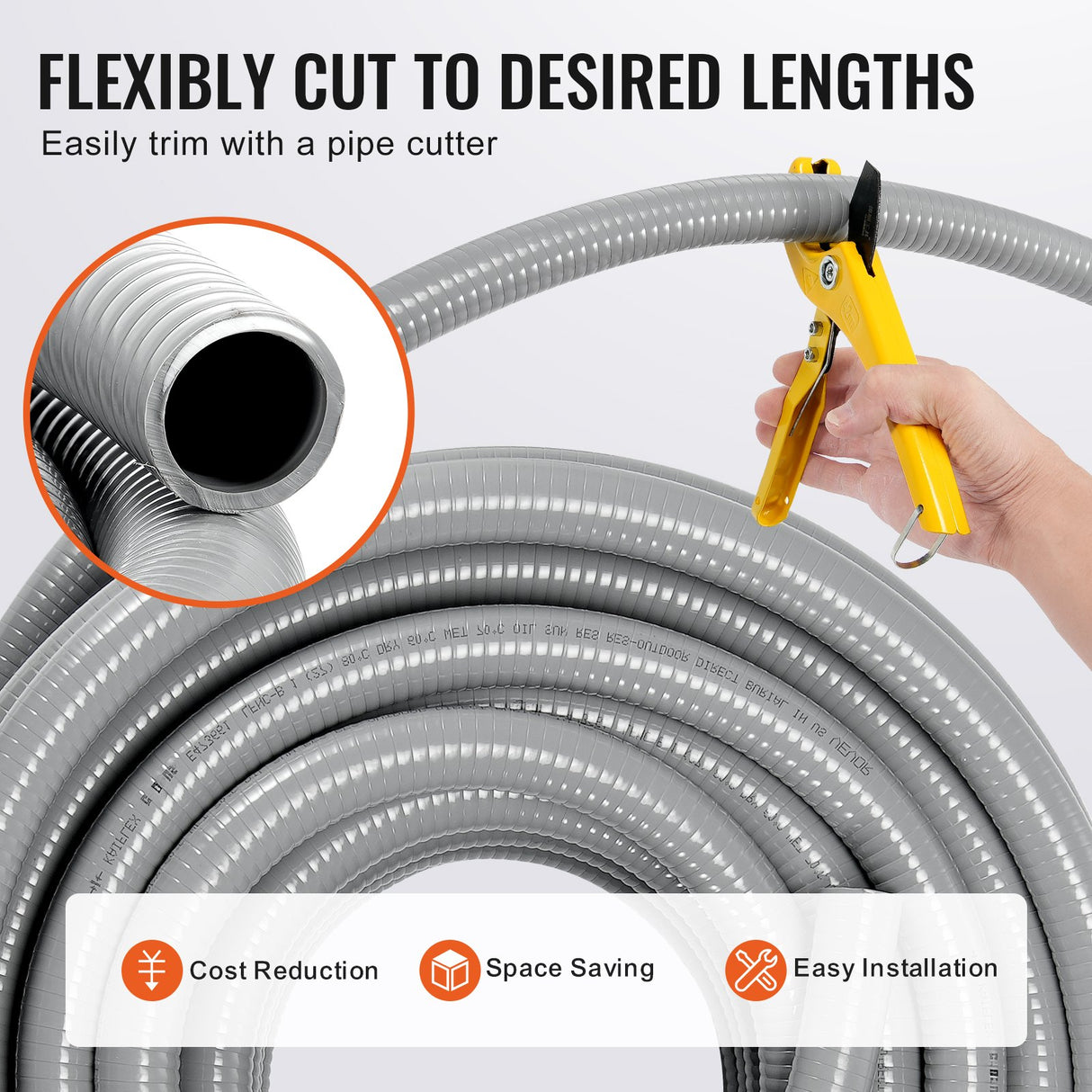 VEVOR 25.4 mm Flexible Electrical Conduit, 30.5 m, PVC Liquid-Tight Conduit Non-Metallic with 5 Straight and 5 90-Degree Conduit Connector Fittings,