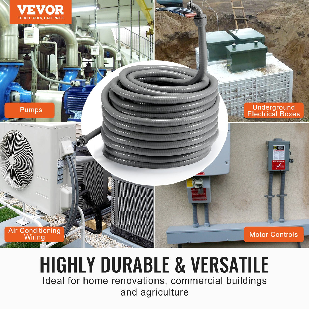VEVOR 25.4 mm Flexible Electrical Conduit, 30.5 m, PVC Liquid-Tight Conduit Non-Metallic with 5 Straight and 5 90-Degree Conduit Connector Fittings,