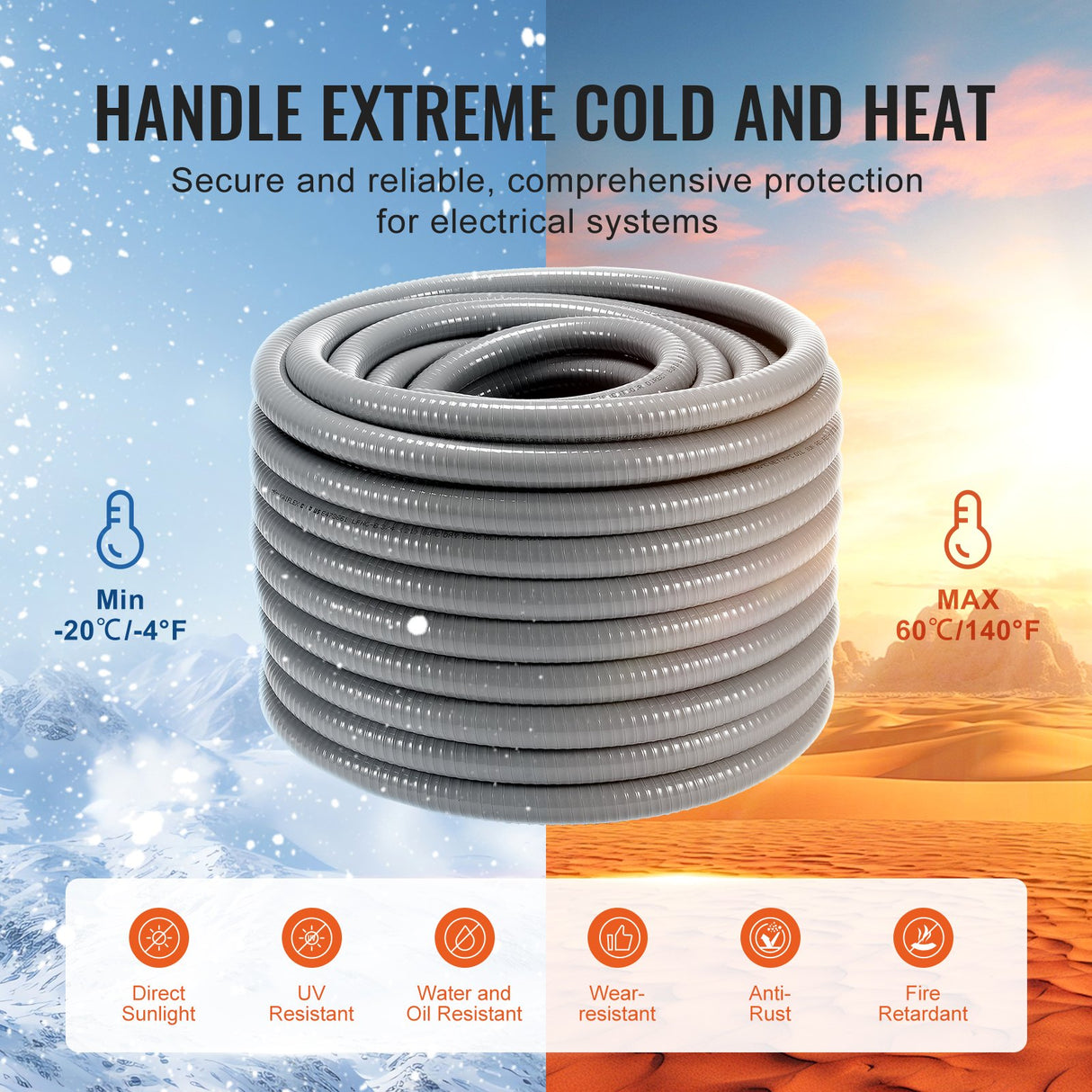 VEVOR 19.1 mm Flexible Electrical Conduit, 30.5 m, PVC Liquid-Tight Conduit Non-Metallic with 5 Straight and 5 90-Degree Conduit Connector Fittings,