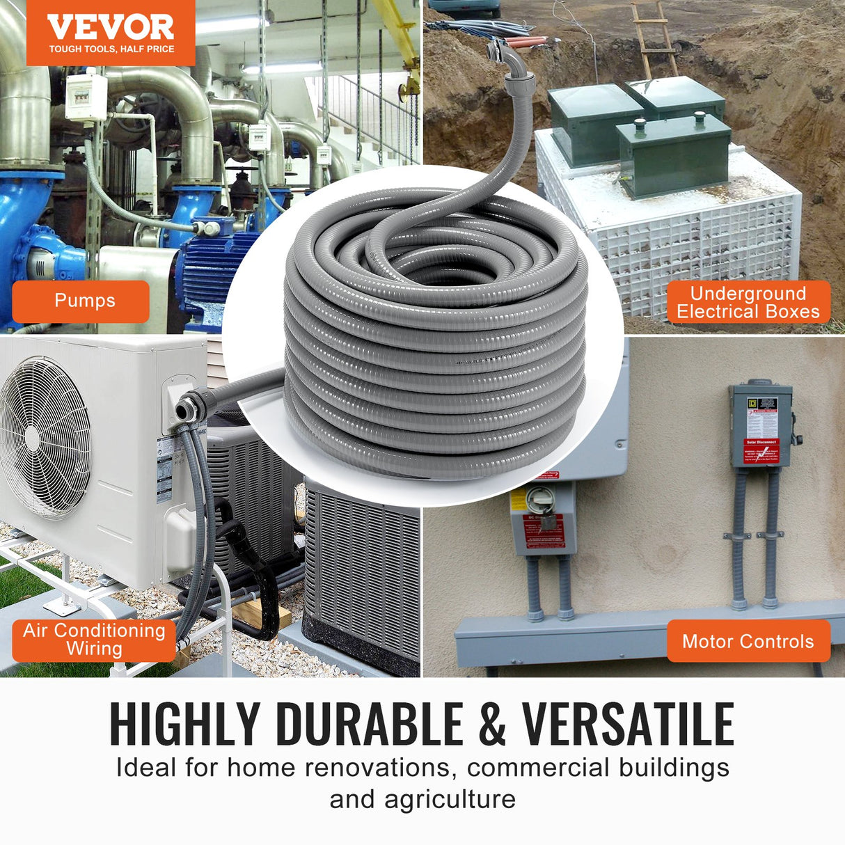 VEVOR 19.1 mm Flexible Electrical Conduit, 30.5 m, PVC Liquid-Tight Conduit Non-Metallic with 5 Straight and 5 90-Degree Conduit Connector Fittings,