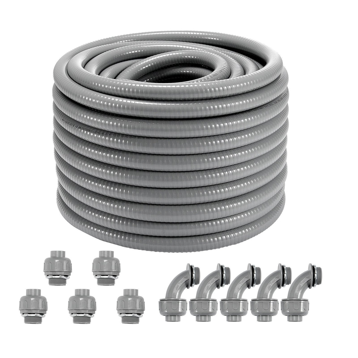 VEVOR 19.1 mm Flexible Electrical Conduit, 30.5 m, PVC Liquid-Tight Conduit Non-Metallic with 5 Straight and 5 90-Degree Conduit Connector Fittings,