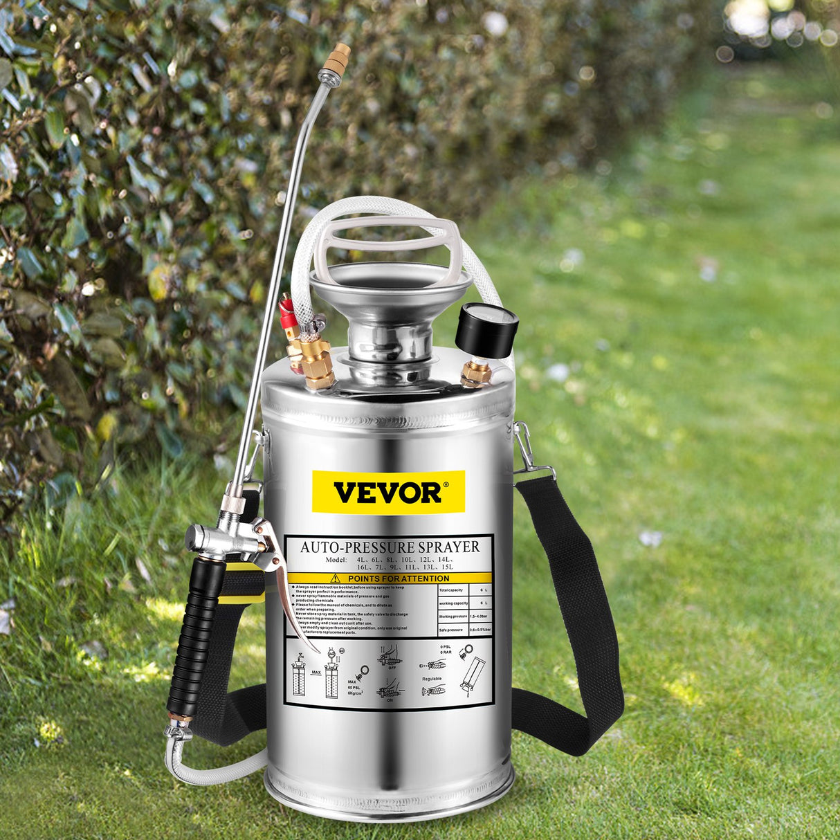 VEVOR 1.5Gal Stainless Steel Sprayer, Set with 16" Wand& Handle& 3.3FT Reinforced Hose, Hand Pump Sprayer with Pressure Gauge&Safety Valve, Adjustable Nozzle Suitable for Gardening& Sanitizing