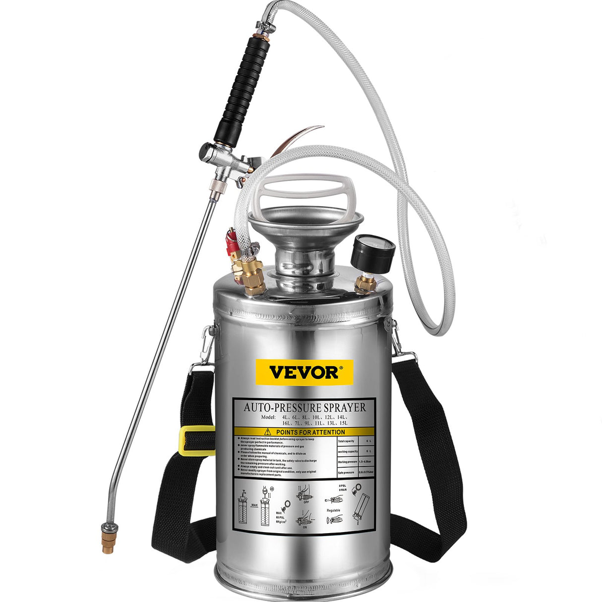 VEVOR 1.5Gal Stainless Steel Sprayer, Set with 16" Wand& Handle& 3.3FT Reinforced Hose, Hand Pump Sprayer with Pressure Gauge&Safety Valve, Adjustable Nozzle Suitable for Gardening& Sanitizing