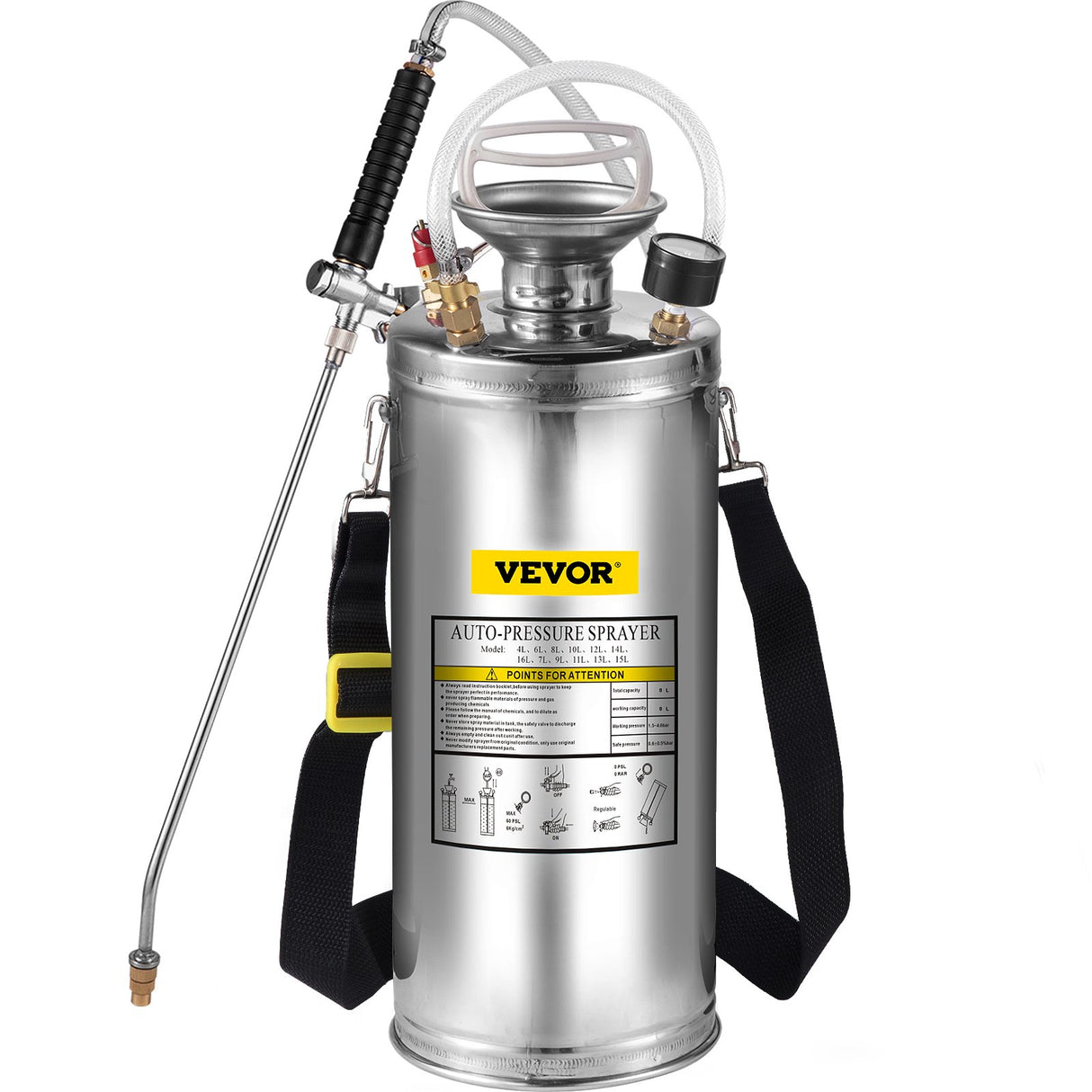 VEVOR 2Gal Stainless Steel Sprayer, Set with 20\" Wand& Handle& 3FT Reinforced Hose, Hand Pump Sprayer with Pressure Gauge&Safety Valve, Adjustable Nozzle Suitable for Gardening and Sanitizing