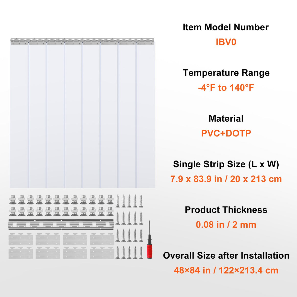 Strip Curtain, 213.4 cm Height x 122 cm Width, 2 mm Thickness, 8PCS Clear PVC Strip Door Curtain, Freezer Curtain, Plastic Door Strips for Walk in Freezers, Cooler, Warehouse, with 50% Overlap