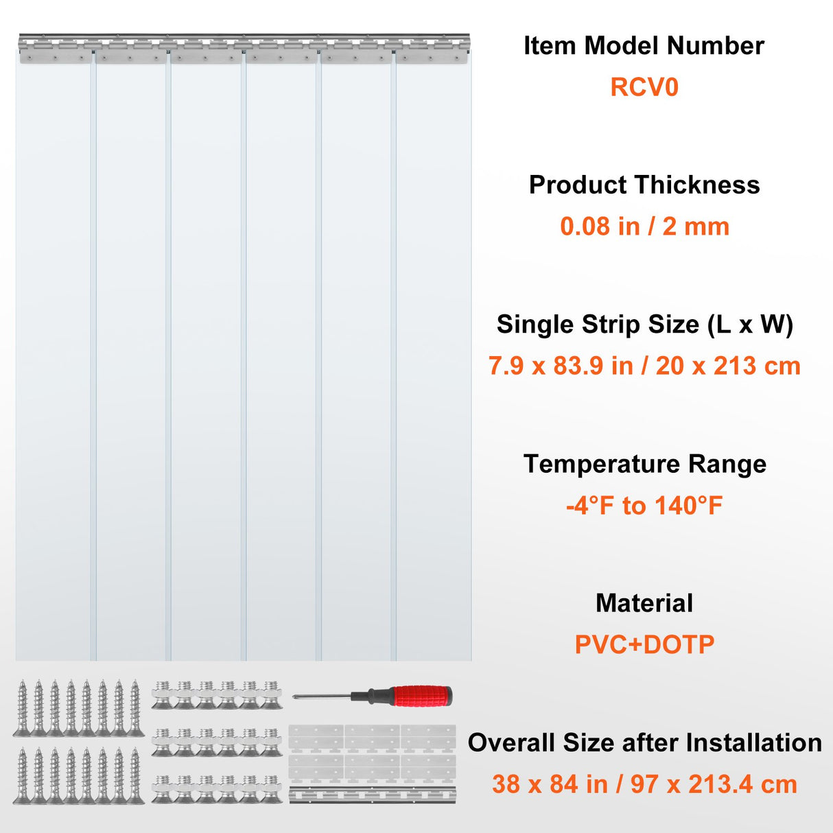 VEVOR Strip Curtain, 213.4 cm Height x 97 cm Width, 2 mm Thickness, 6PCS Clear PVC Strip Door Curtain, Freezer Curtain, Plastic Door Strips for Walk in Freezers, Coolers, Warehouse, with 50% Overlap