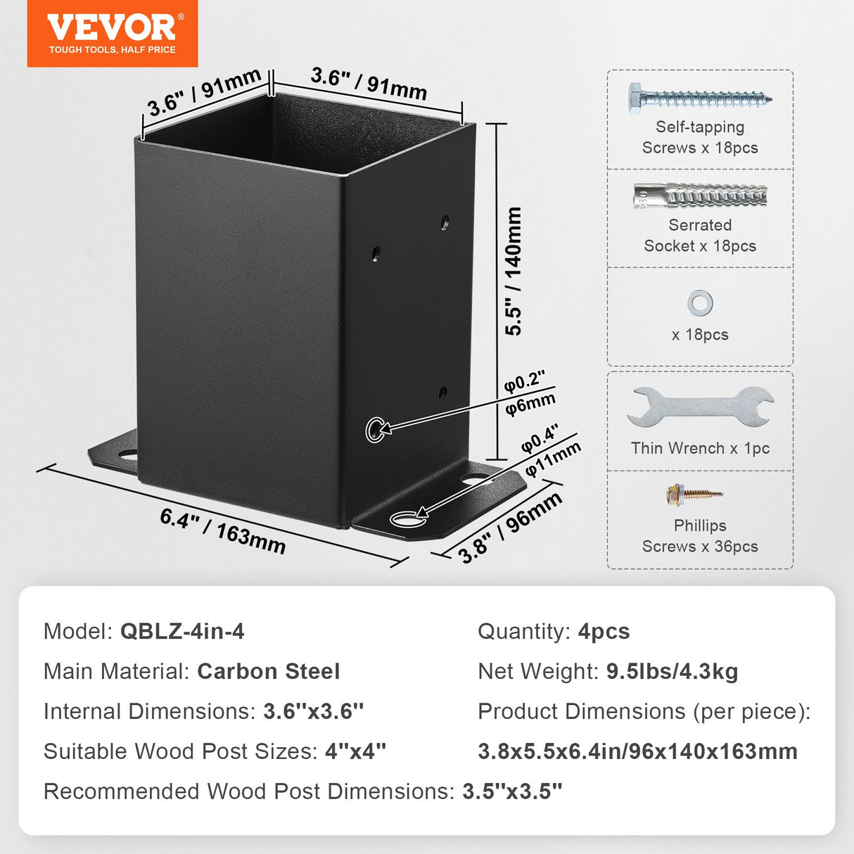 VEVOR 101.6x101.6mm Post Base 4 Pcs, Inner Size 91x91 Post Base Brackets, Heavy Duty Powder-Coated Post Anchor Matte Black Wood Post Brackets for