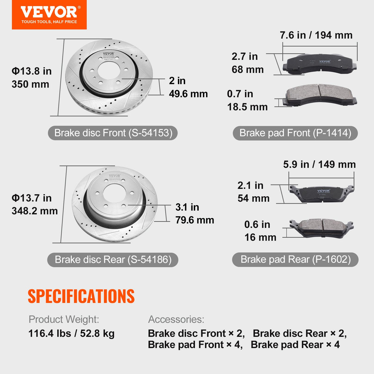 VEVOR Front and Rear Brake Kit Compatible with 2012-2020 Ford F-150(MPB Only), Drilled and Slotted Brake Rotors Ceramic Brake Pads Replacement, 13.8"