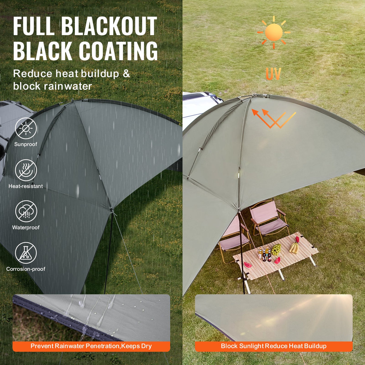 VEVOR Vehicle Awning, Large 10' x 7' Shade Coverage Car Side Awning, PU2000mm UV50+ Car Awning with Extended Side Canopies and Portable Storage Bag,
