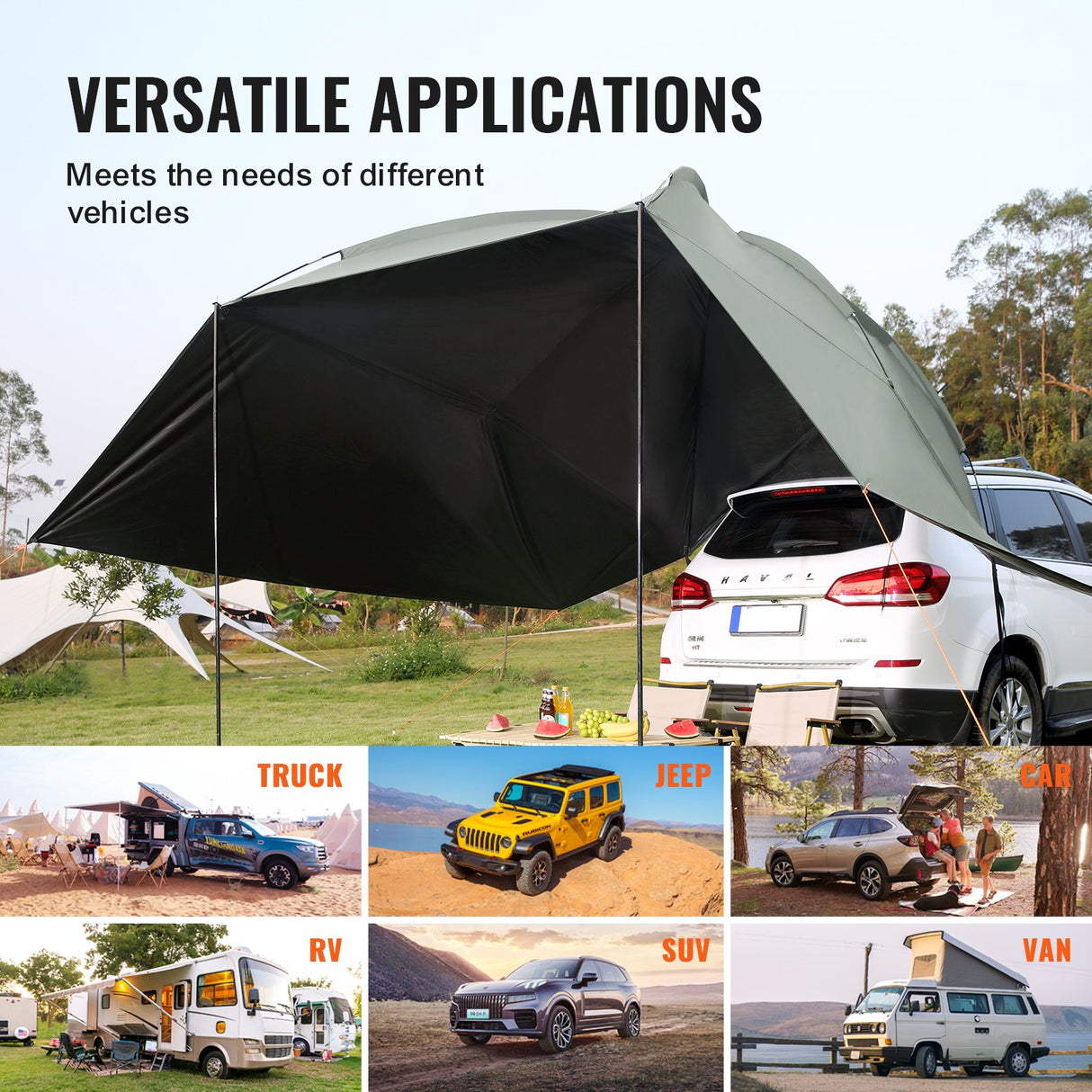 VEVOR Vehicle Awning, Large 10' x 7' Shade Coverage Car Side Awning, PU2000mm UV50+ Car Awning with Extended Side Canopies and Portable Storage Bag,
