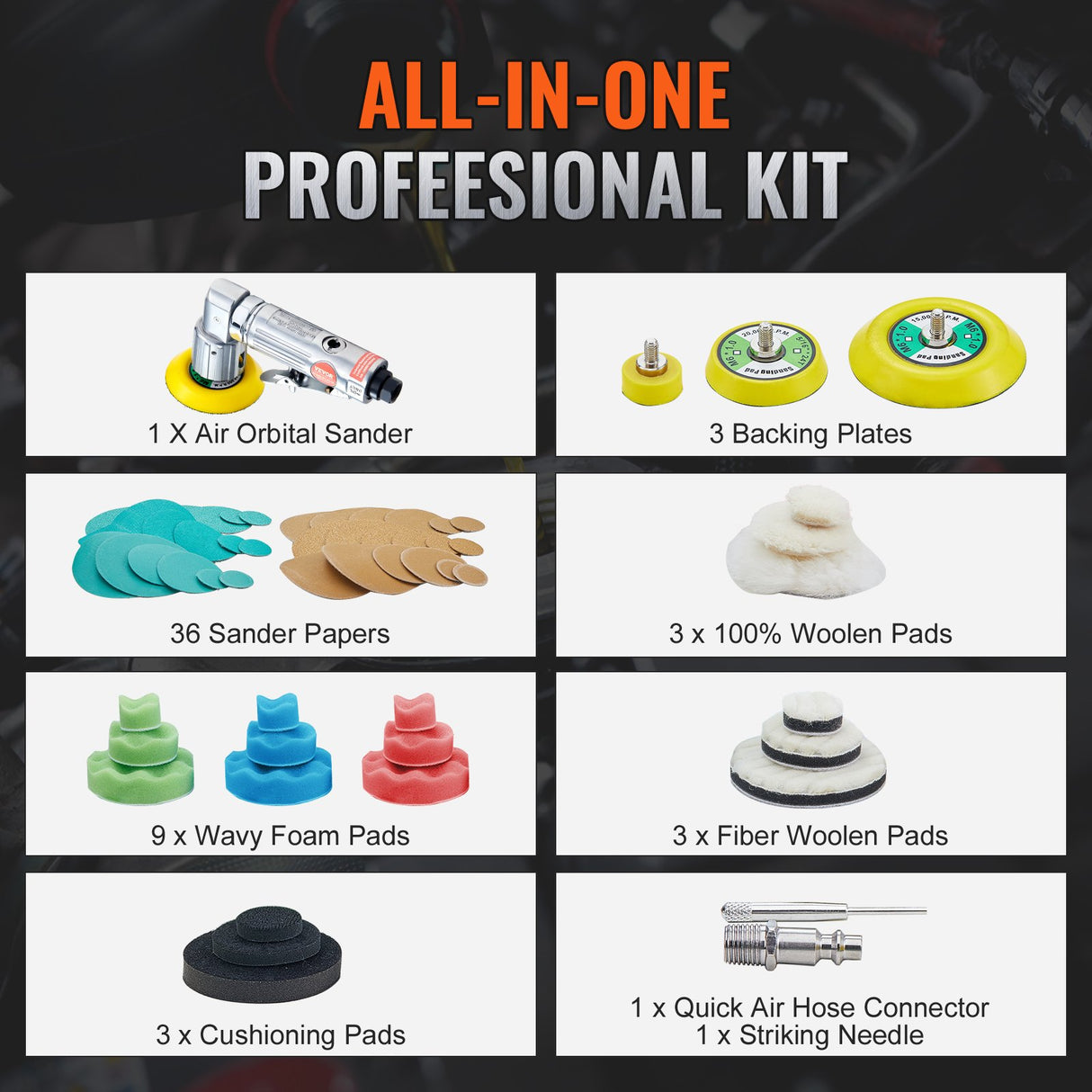 VEVOR 58PCS Air Sander Kit 1/2/3in Random Orbital Air Sander Polisher 15000r/min