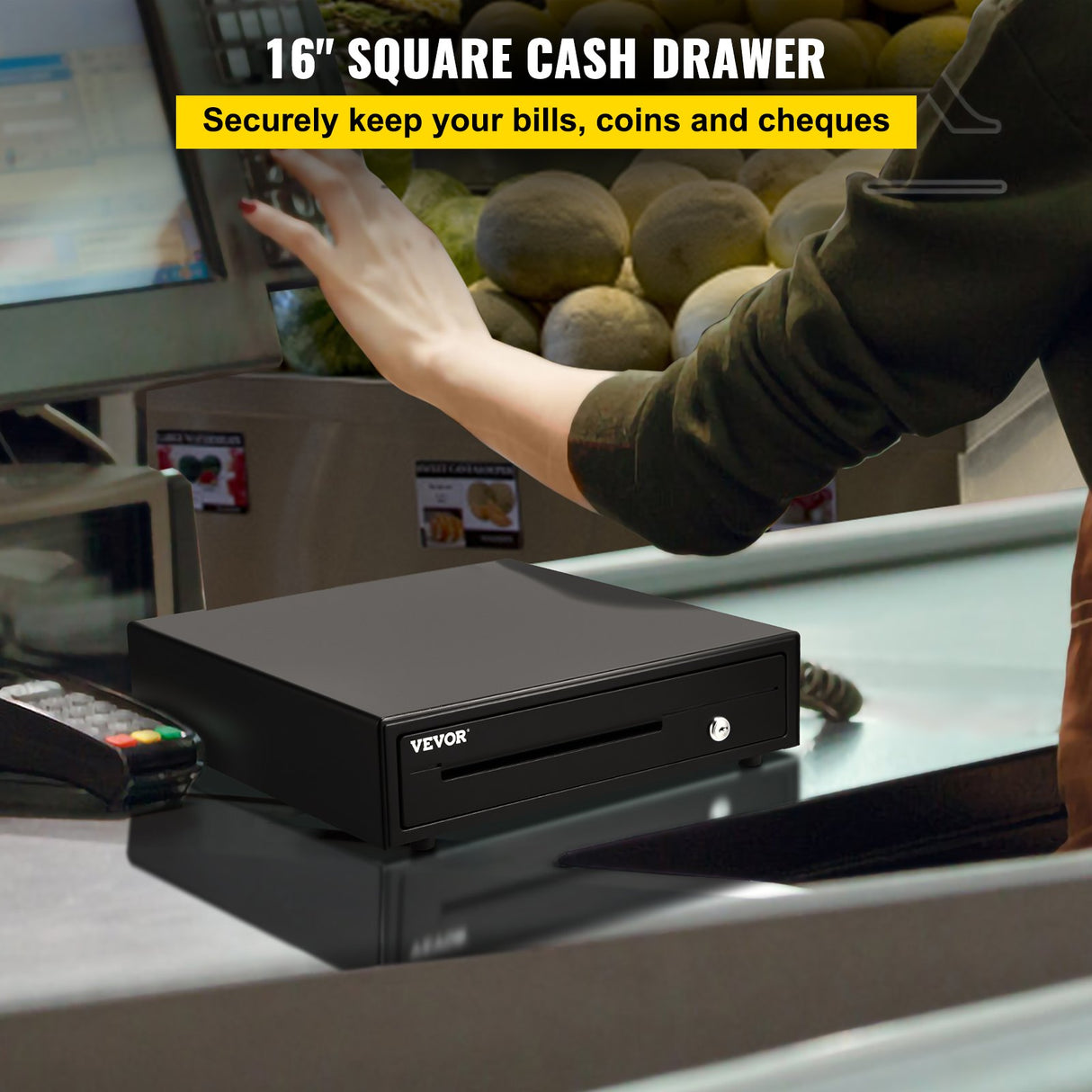 VEVOR Cash Register Drawer, 16" 12 V, for POS System with 5 Bill 6 Coin Cash Tray, Removable Coin Compartment & 2 Keys Included, RJ11/RJ12 Cable for