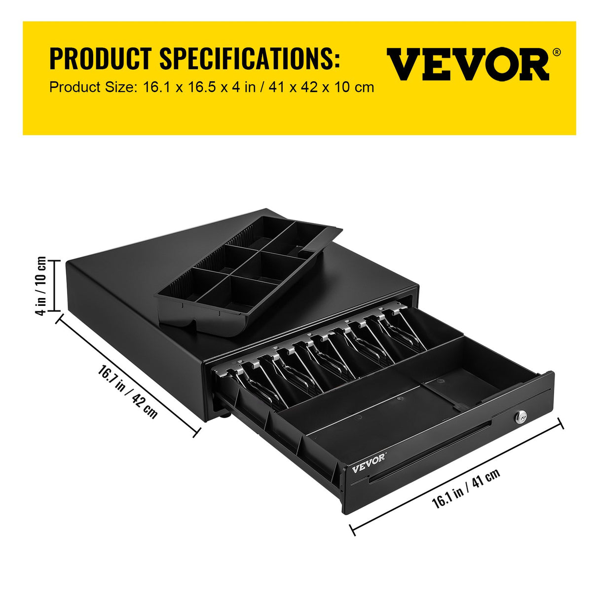 VEVOR Cash Register Drawer, 16" 12 V, for POS System with 5 Bill 6 Coin Cash Tray, Removable Coin Compartment & 2 Keys Included, RJ11/RJ12 Cable for