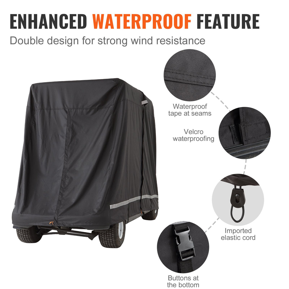 VEVOR 4 Passenger Golf Cart Cover, 600D Polyester Full Cover, Universal Fits for Most Brand Club Car Covers, Waterproof, Sunproof, and Dustproof Outdoor Golf Cart Cover with Three Zipper Doors, Black