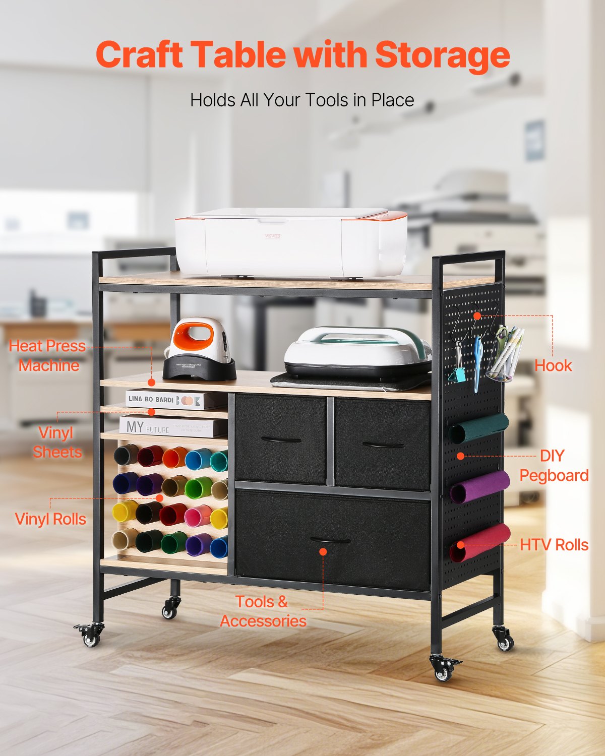 Rolling Craft Cart and Storage Table with 20 Vinyl Roll Holders 3 Drawers Black