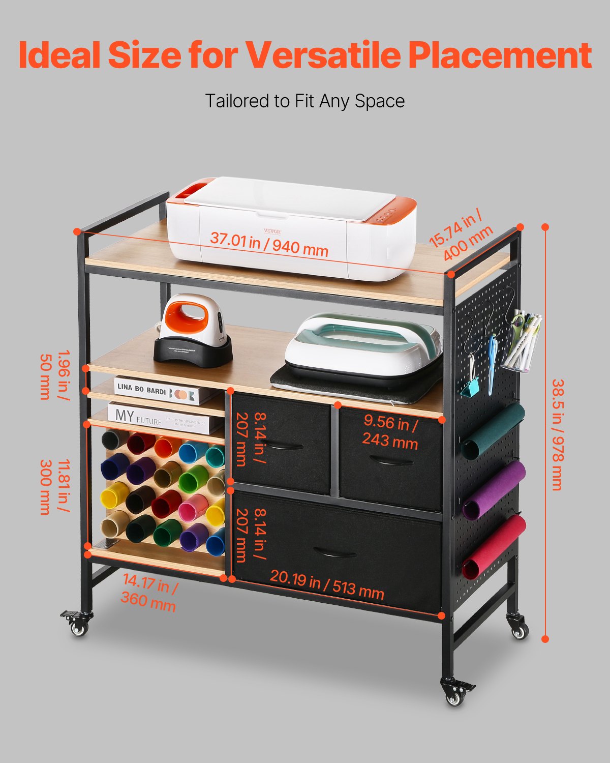 Rolling Craft Cart and Storage Table with 20 Vinyl Roll Holders 3 Drawers Black