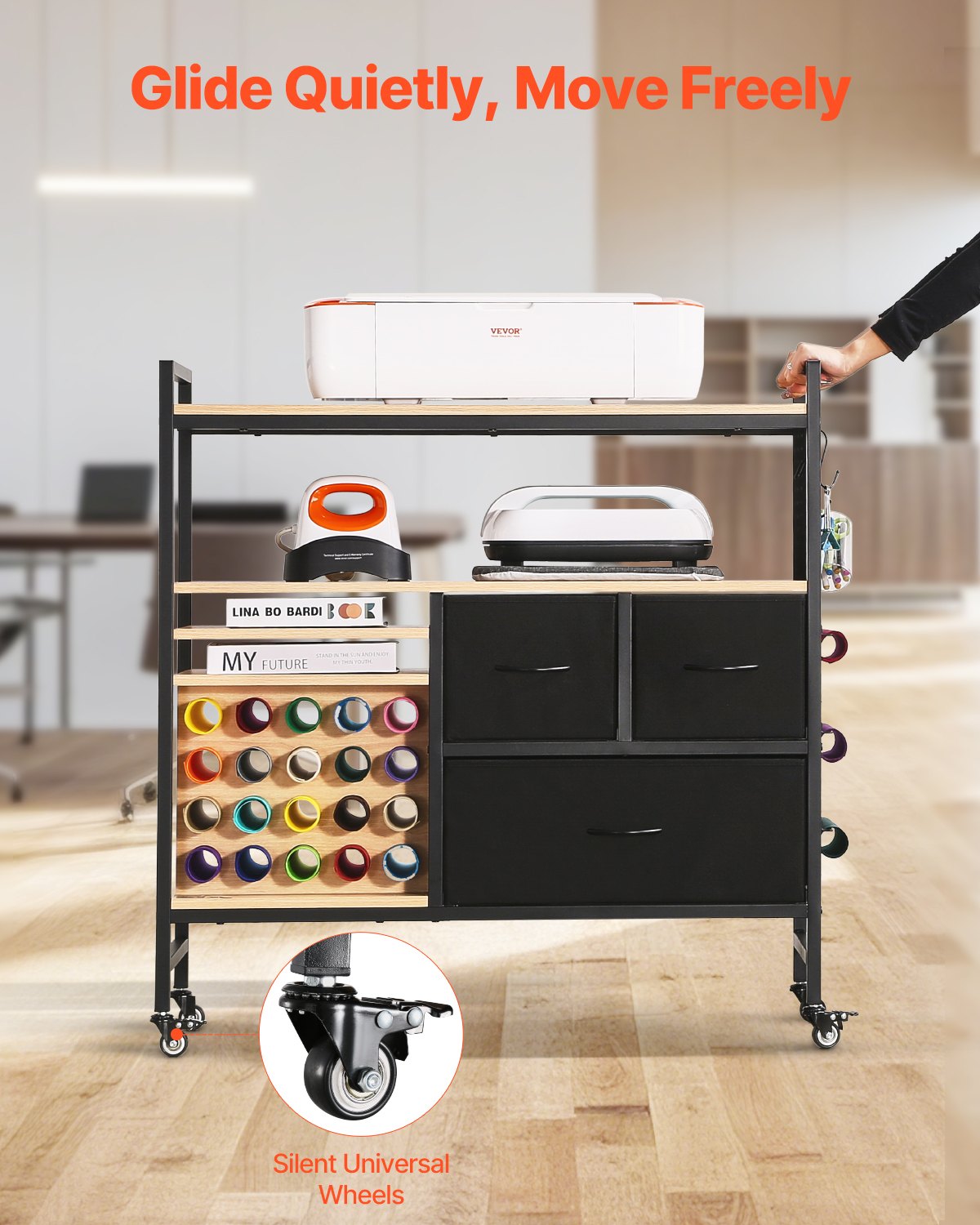 Rolling Craft Cart and Storage Table with 20 Vinyl Roll Holders 3 Drawers Black