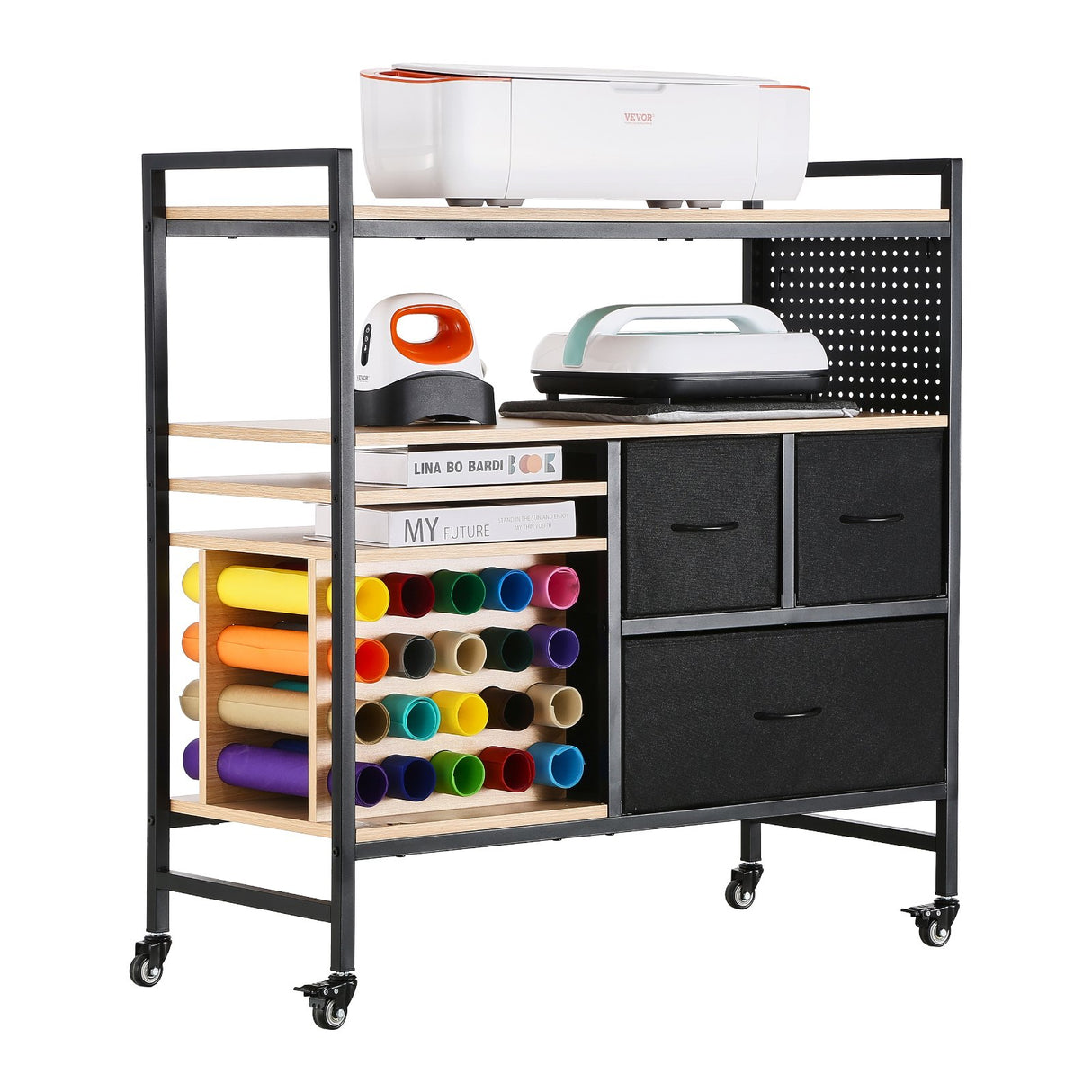 Rolling Craft Cart and Storage Table with 20 Vinyl Roll Holders 3 Drawers Black