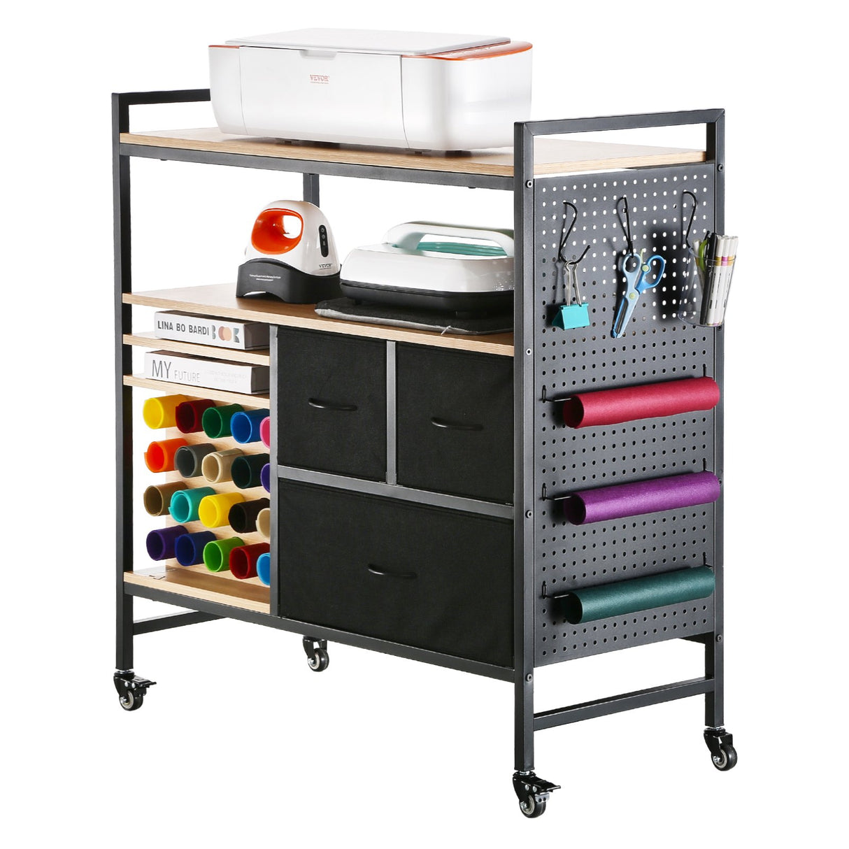 Rolling Craft Cart and Storage Table with 20 Vinyl Roll Holders 3 Drawers Black