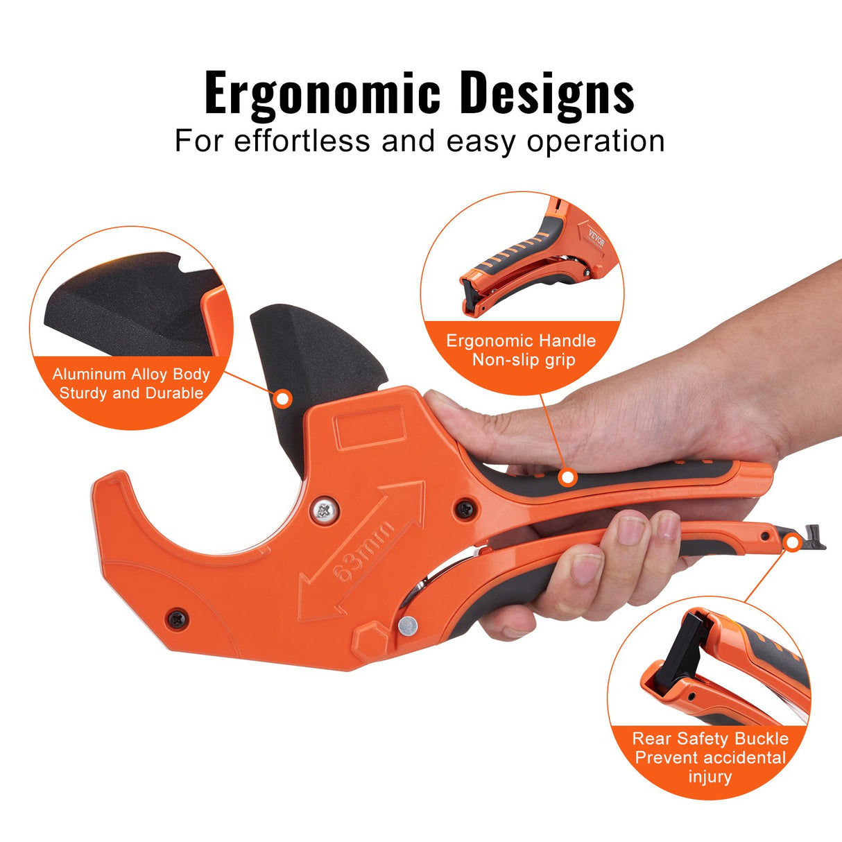 VEVOR PVC Pipe Cutter, 0-2-1/2" O.D. Ratcheting PVC Pipe Cutter, Heavy Duty Tube Cutting Tool with Spare SK5 Blade for PVC, CPVC, PP-R, PEX, PE, Rubber Hoses