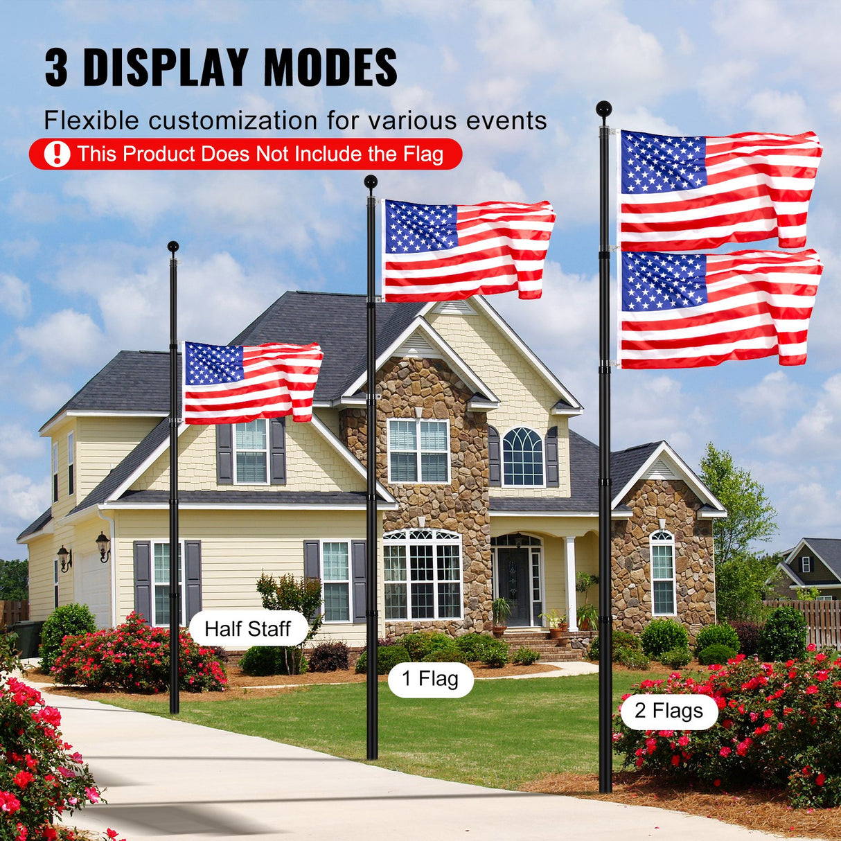VEVOR 25FT Telescopic Flagpole Kit, Heavy Duty Aluminum Alloy Flag Pole Kit in Ground for Outside, 3 Display Modes Flagpole with Professional