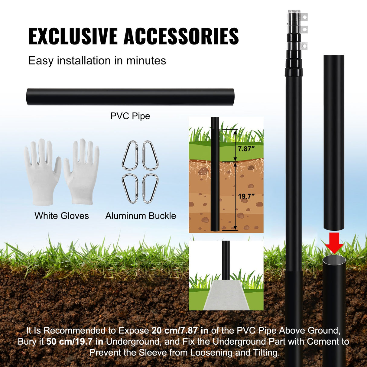 VEVOR 25FT Telescopic Flagpole Kit, Heavy Duty Aluminum Alloy Flag Pole Kit in Ground for Outside, 3 Display Modes Flagpole with Professional