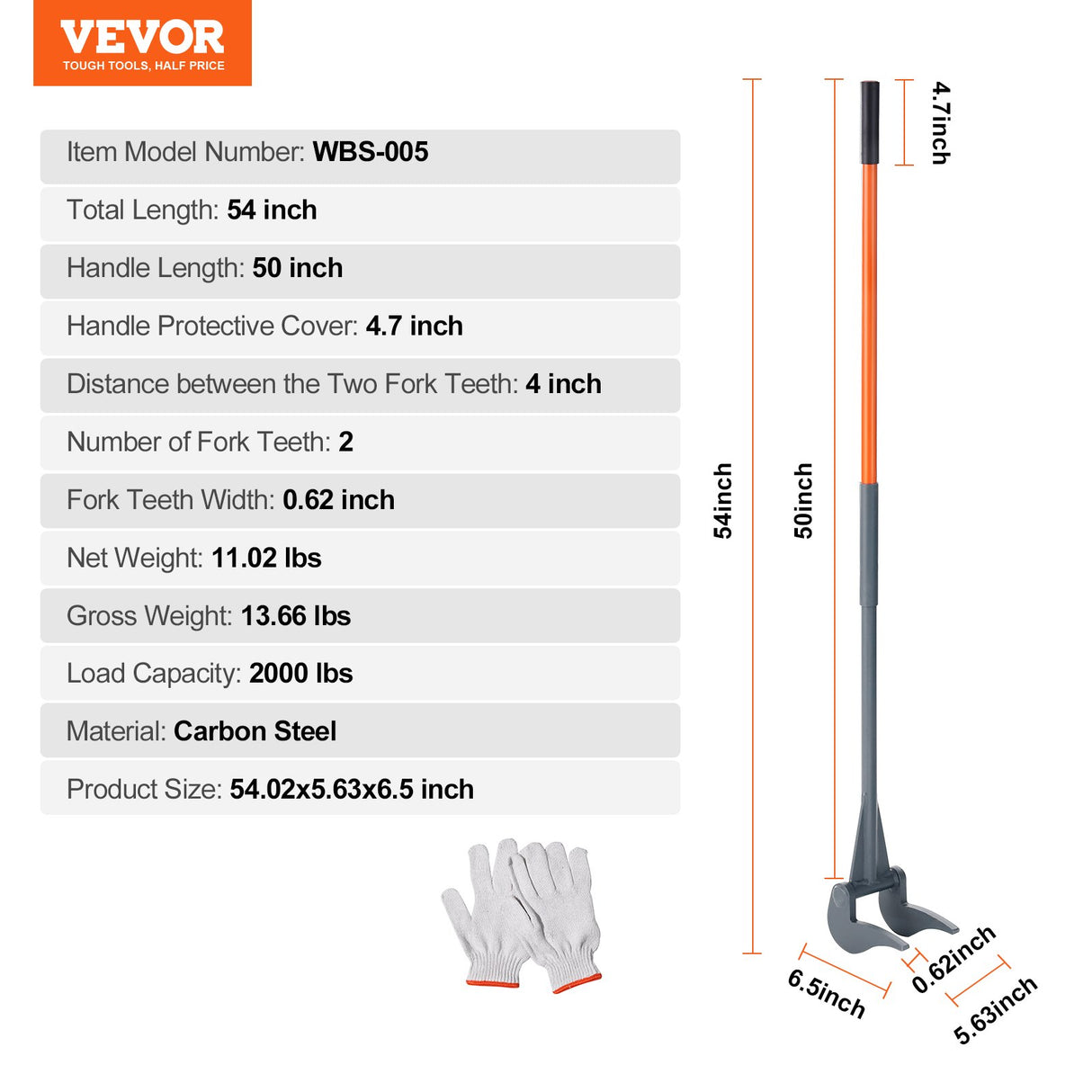 VEVOR Pallet Buster, 50'' Carbon Steel Handle Wrecking Pry Bar, 2000 lbs Weight Capacity, Heavy Duty Deck Board Removal Tool, Multipurpose Demolition
