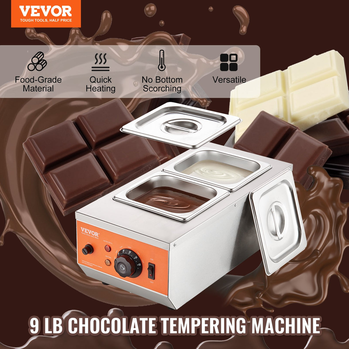 VEVOR Chocolate Tempering Machine, 2 Tanks Chocolate Melting Pot with TEMP Control, 800W Stainless Steel Electric Commercial Food Warmer For Chocolate/Milk/Cream Melting and Heating