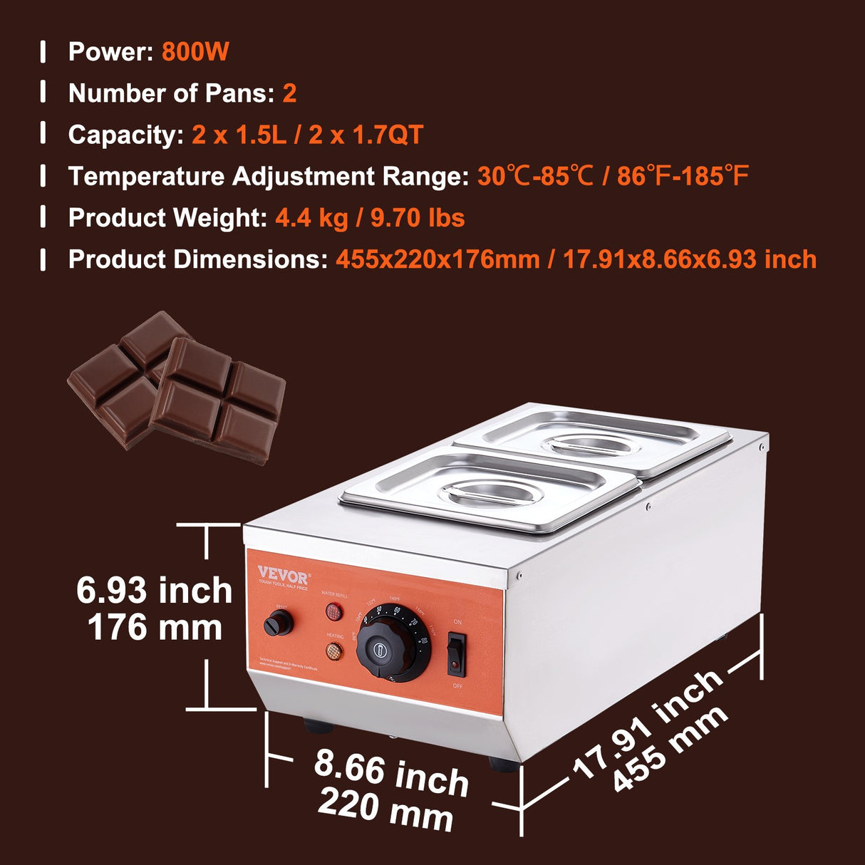 VEVOR Chocolate Tempering Machine, 2 Tanks Chocolate Melting Pot with TEMP Control, 800W Stainless Steel Electric Commercial Food Warmer For Chocolate/Milk/Cream Melting and Heating