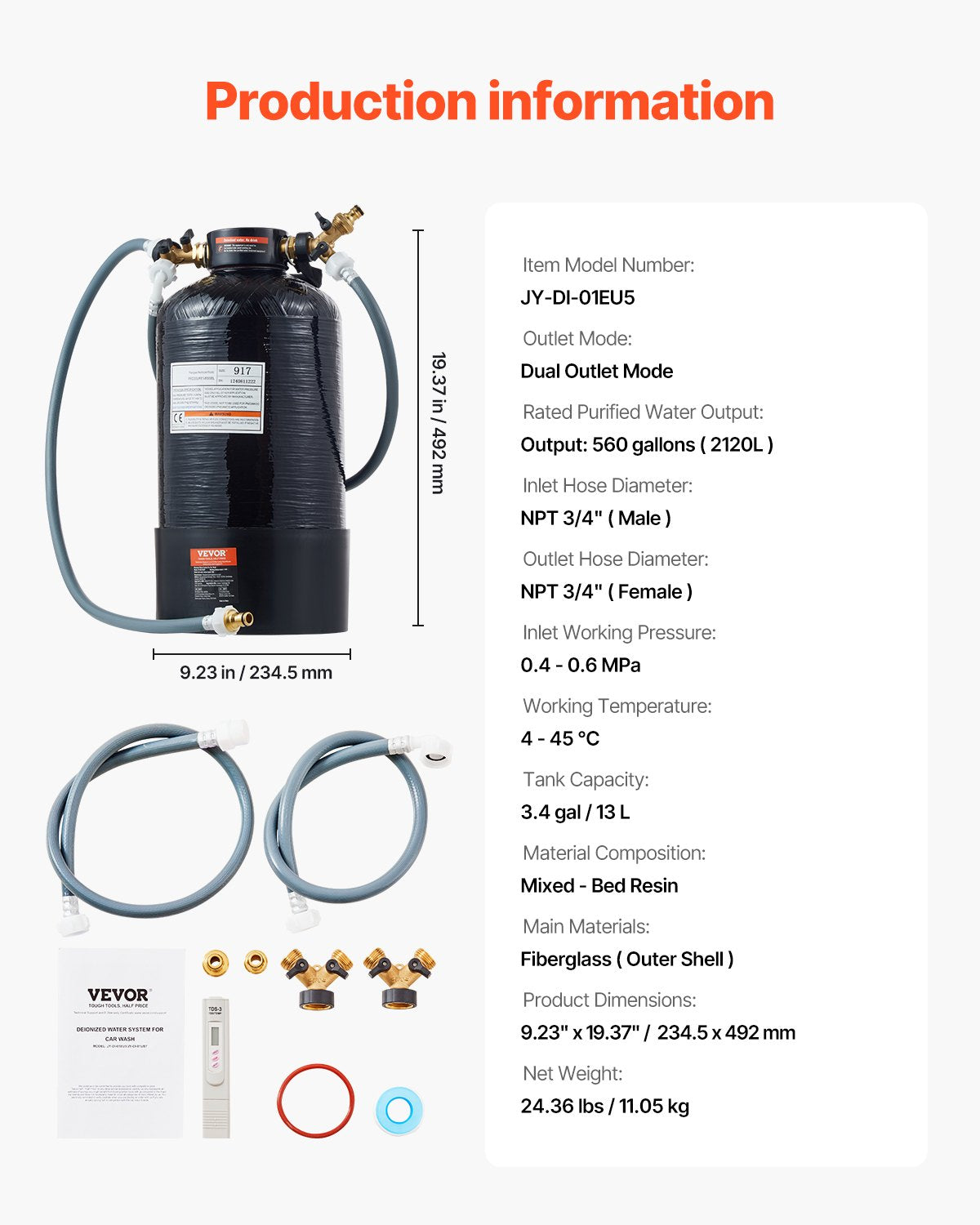 VEVOR Spotless Deionized Water System Car Wash System with Handheld TDS Meter